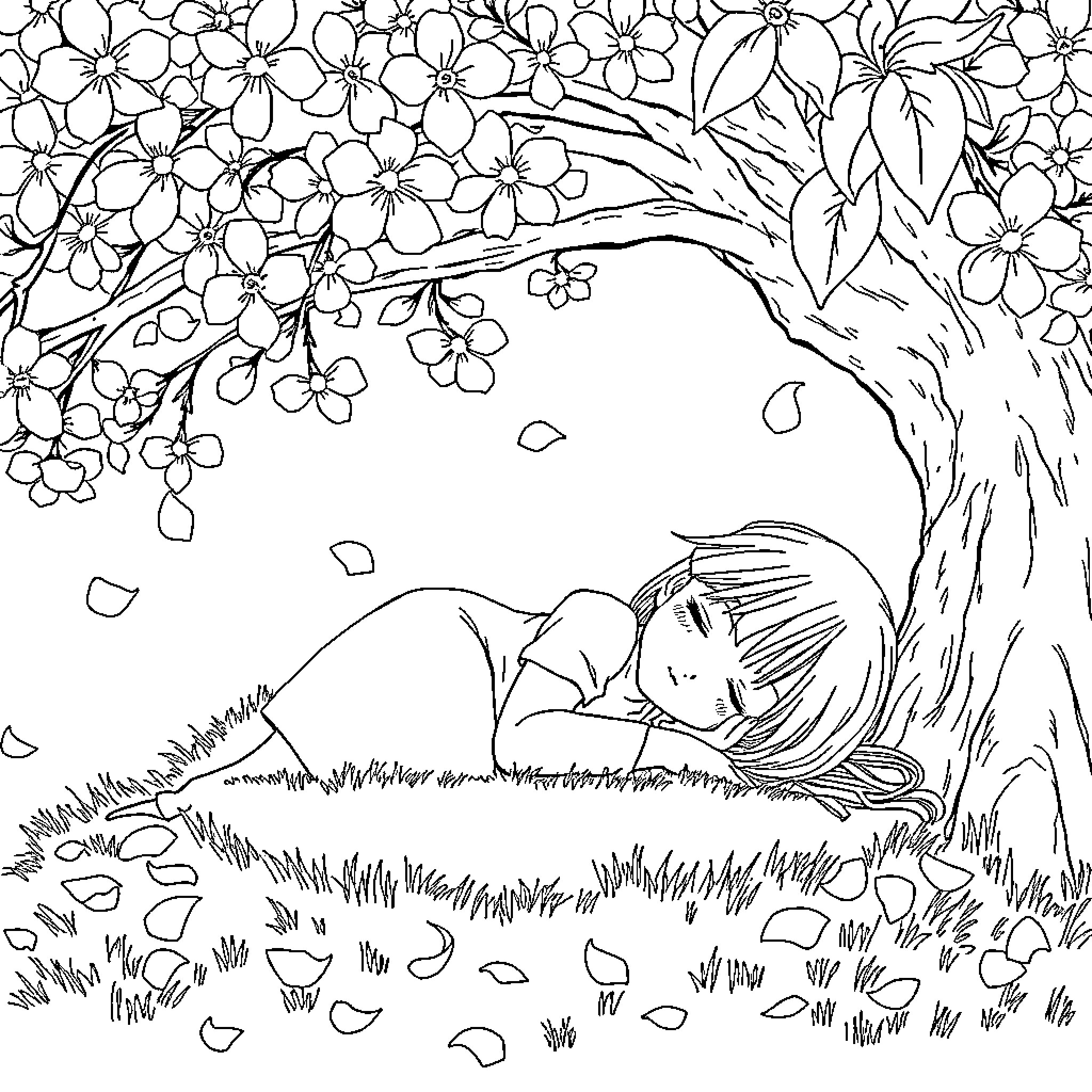Sakura Tree's Tranquil Solace Coloring Page (free black-and-white line drawing printable PDF for all, from beginners to advanced learners, including children, teens, adults, and seniors)