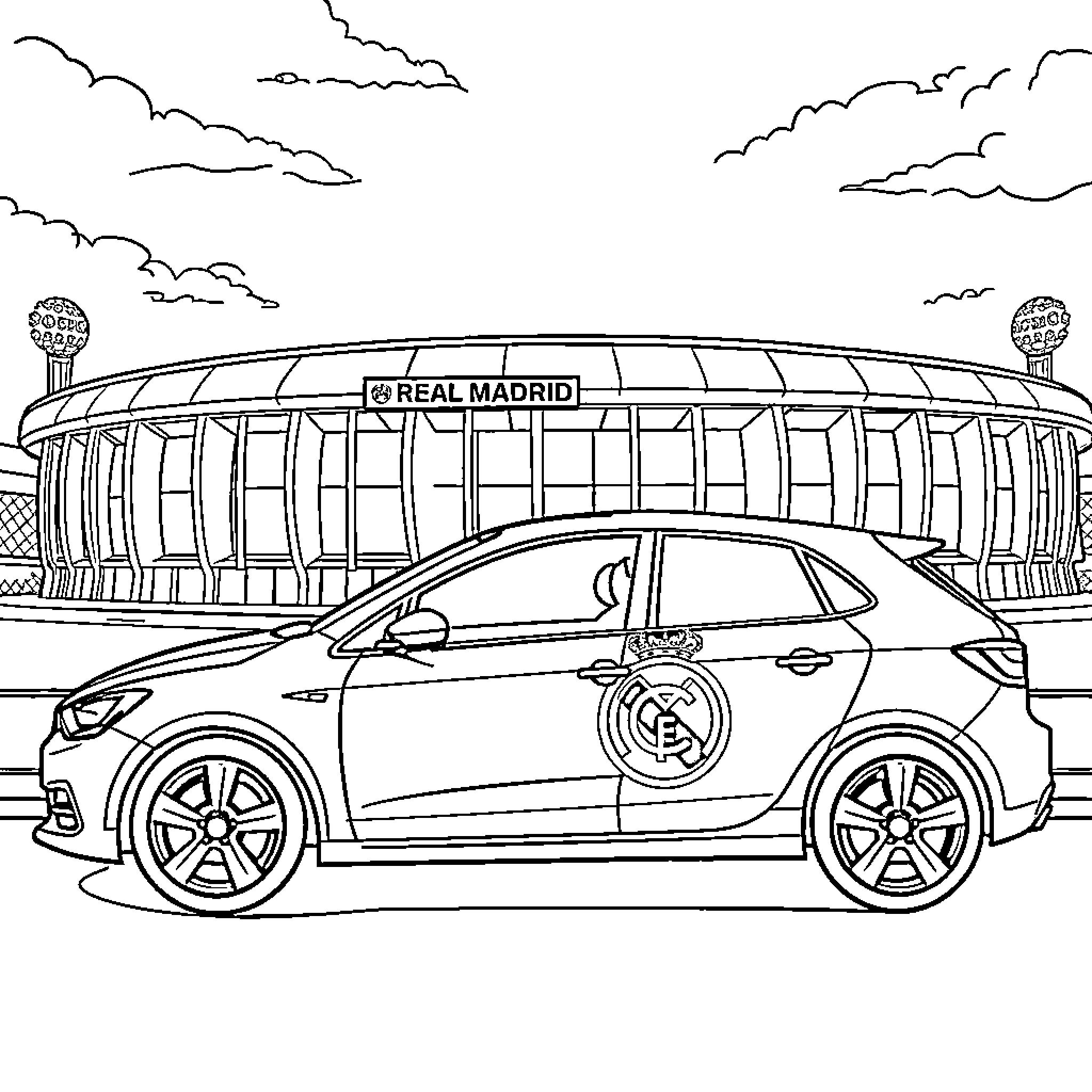 Car parked in front of sports stadium Coloring Page (free black-and-white line drawing printable PDF for all, from beginners to advanced learners, including children, teens, adults, and seniors)