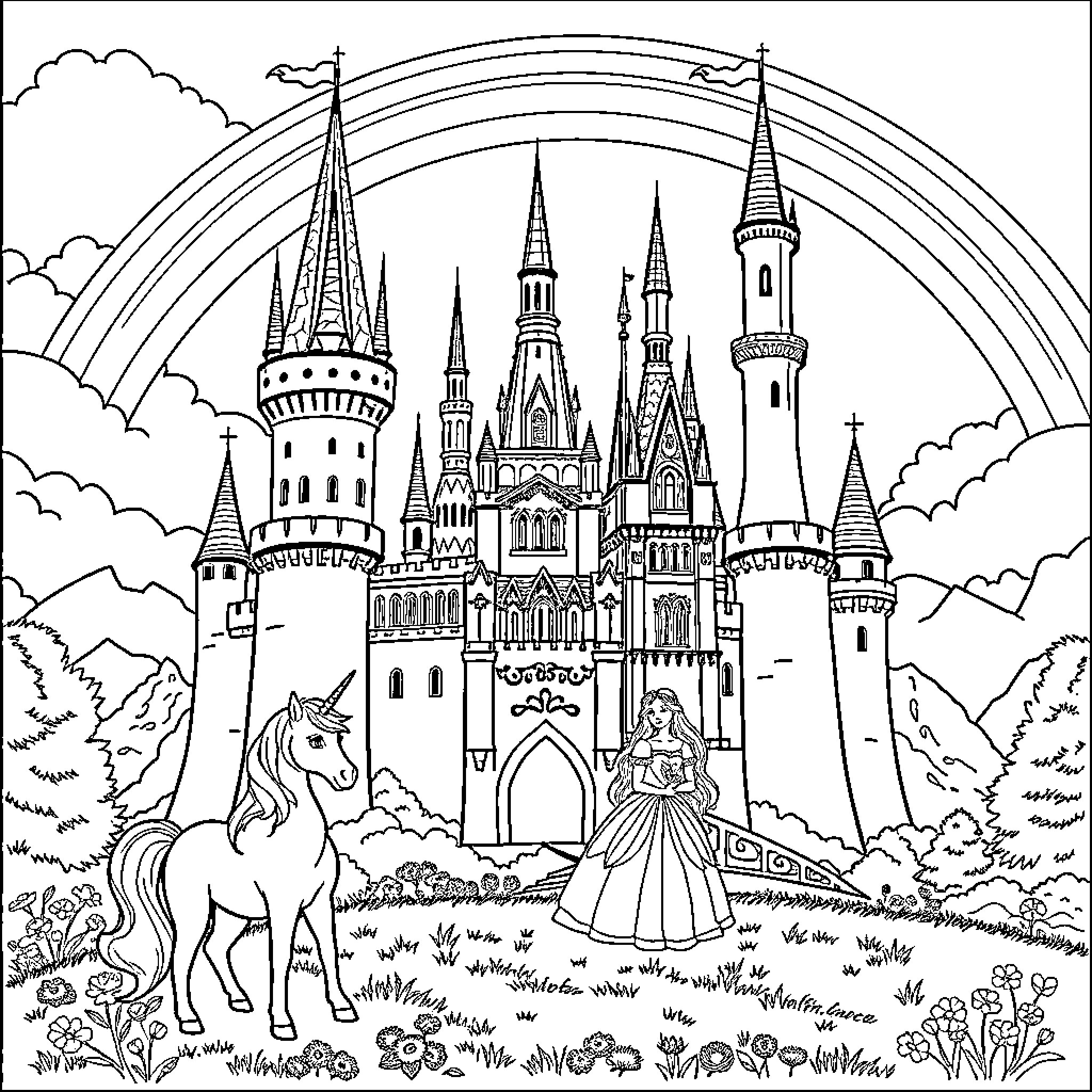 Castle with Princess and Unicorn in Fantastical Scene Coloring Page (free black-and-white line drawing printable PDF for all, from beginners to advanced learners, including children, teens, adults, and seniors)