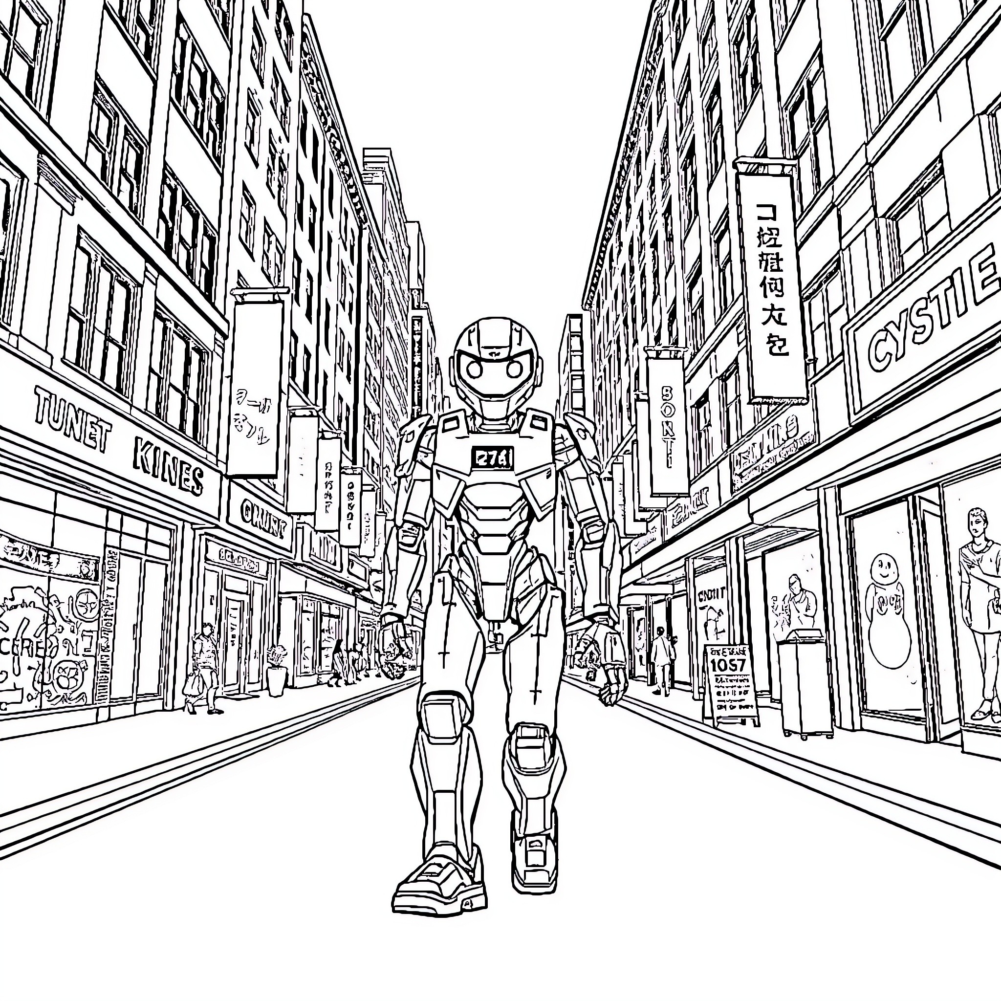 Robot exploring a busy city street Coloring Page (free black-and-white line drawing printable PDF for all, from beginners to advanced learners, including children, teens, adults, and seniors)