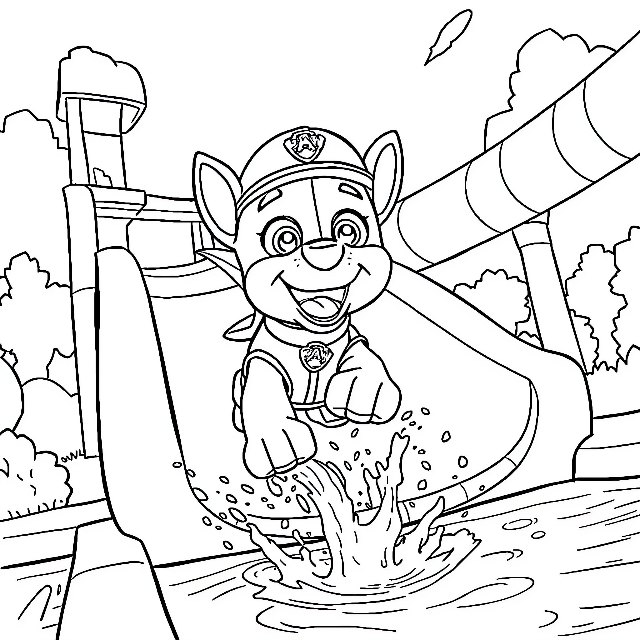 Chase Pup Splashing Happily in Water Coloring Page (free black-and-white line drawing printable PDF for all, from beginners to advanced learners, including children, teens, adults, and seniors)