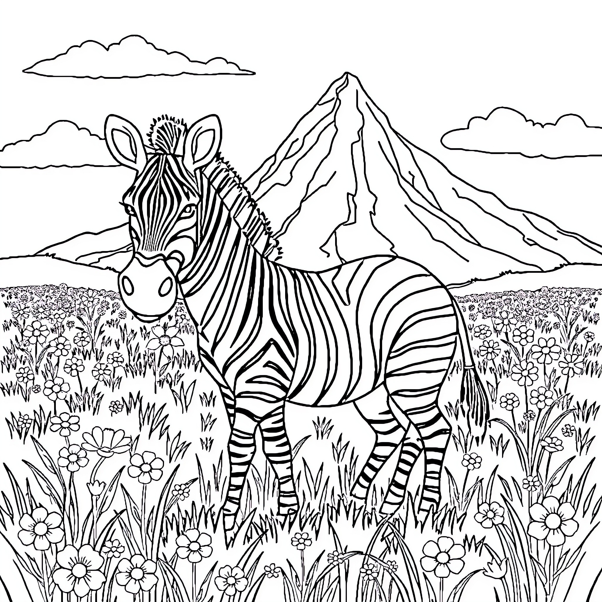 Zebra standing amidst flowers and mountains Coloring Page (free black-and-white line drawing printable PDF for all, from beginners to advanced learners, including children, teens, adults, and seniors)