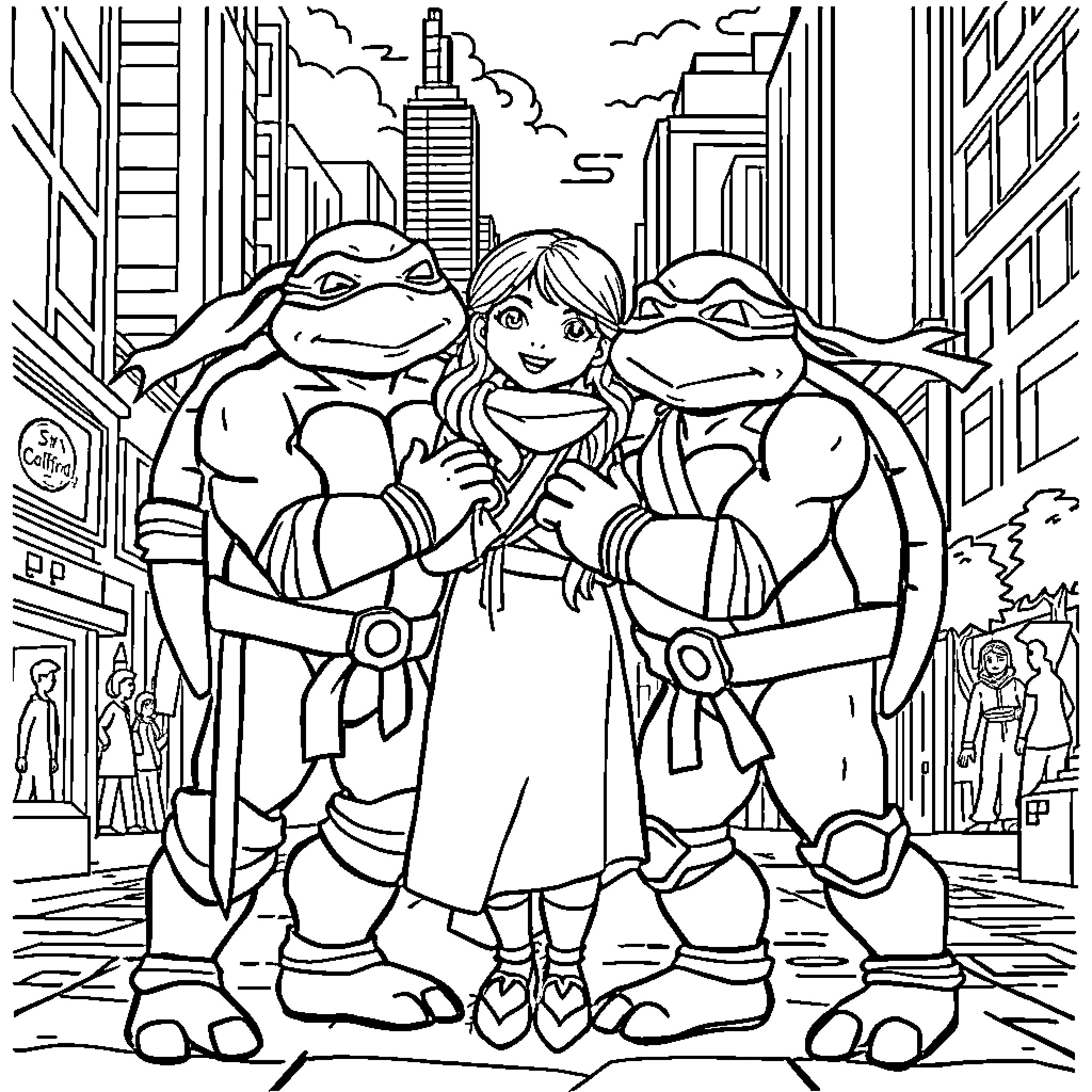 Teenage Mutant Ninja Turtle Trio Exploring the City Coloring Page (free black-and-white line drawing printable PDF for all, from beginners to advanced learners, including children, teens, adults, and seniors)