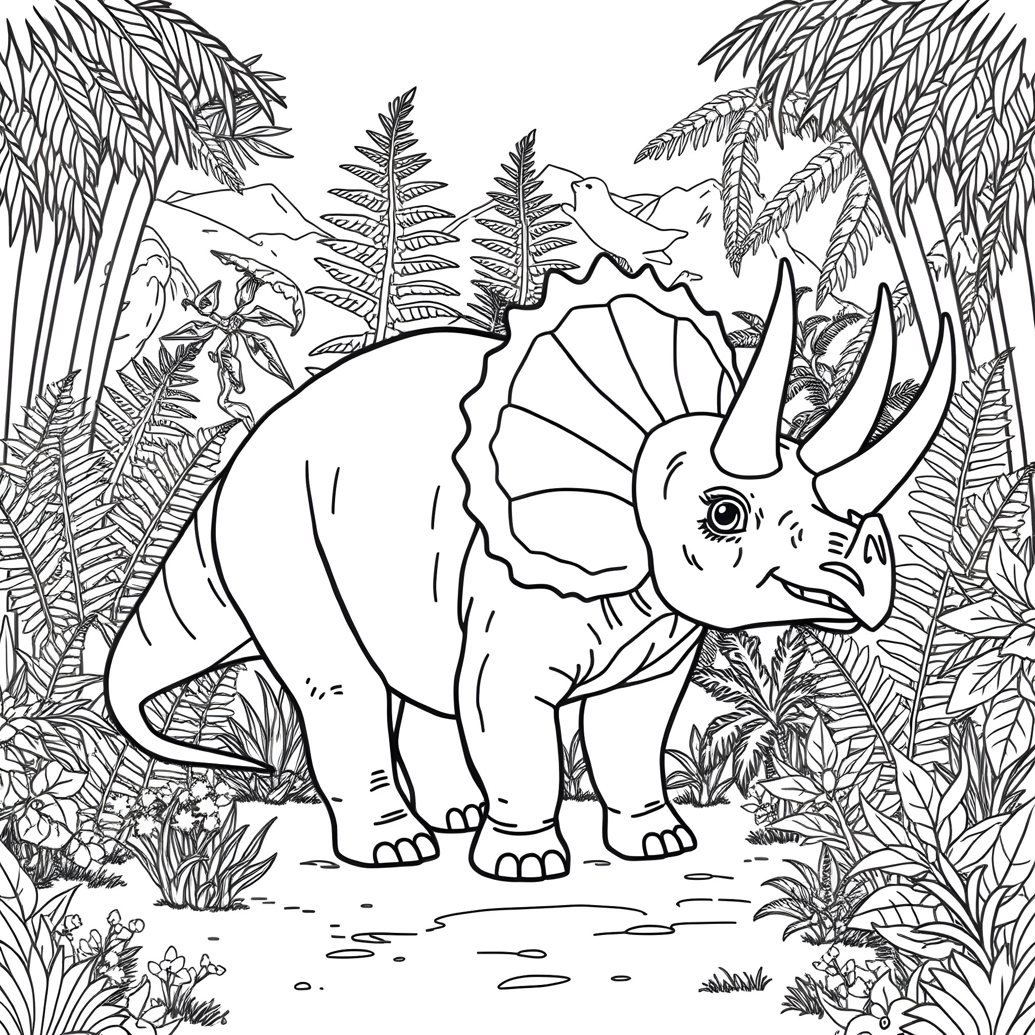 Triceratops exploring the prehistoric jungle Coloring Page (free black-and-white line drawing printable PDF for all, from beginners to advanced learners, including children, teens, adults, and seniors)