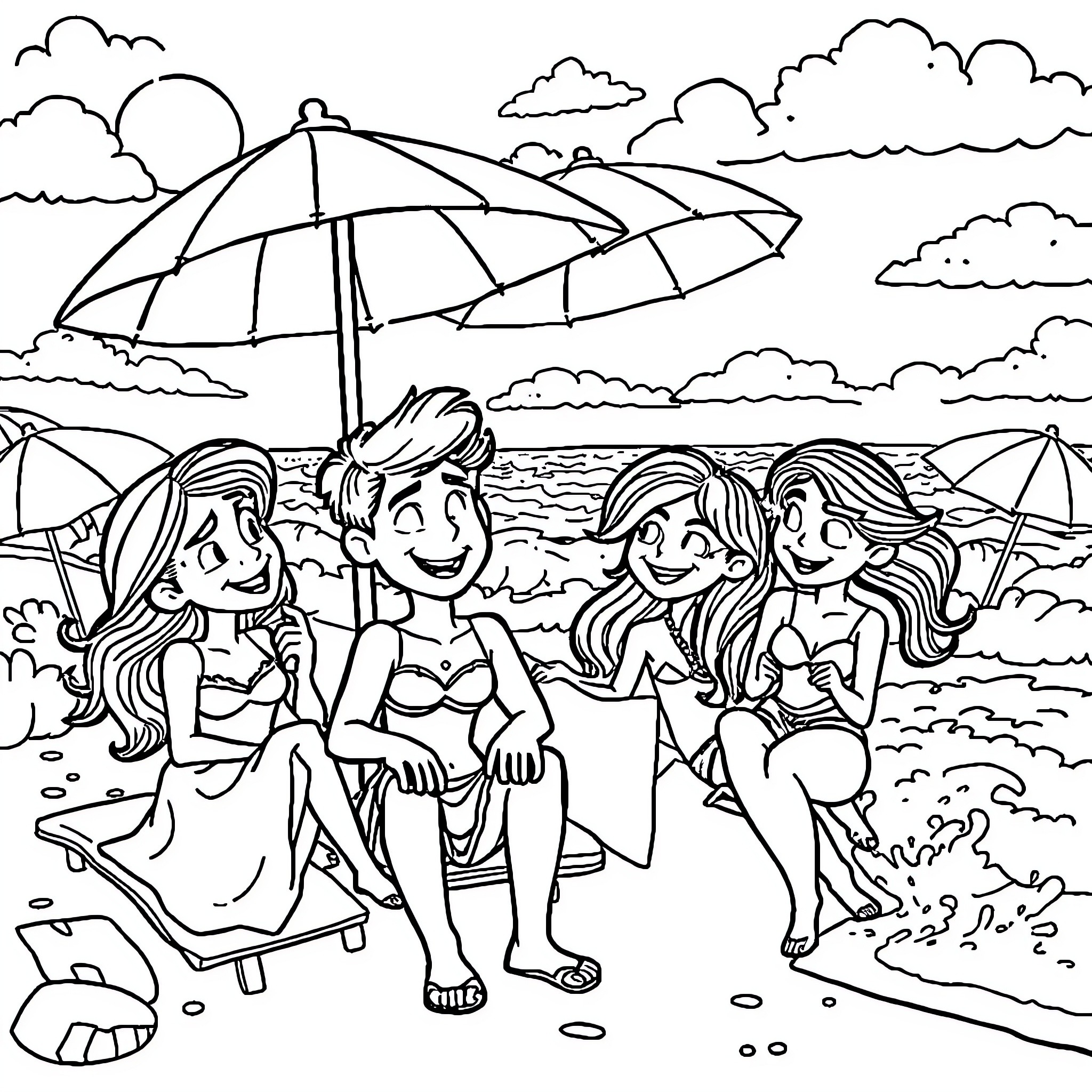 Encanto Characters Enjoying a Beach Day Coloring Page (free black-and-white line drawing printable PDF for all, from beginners to advanced learners, including children, teens, adults, and seniors)