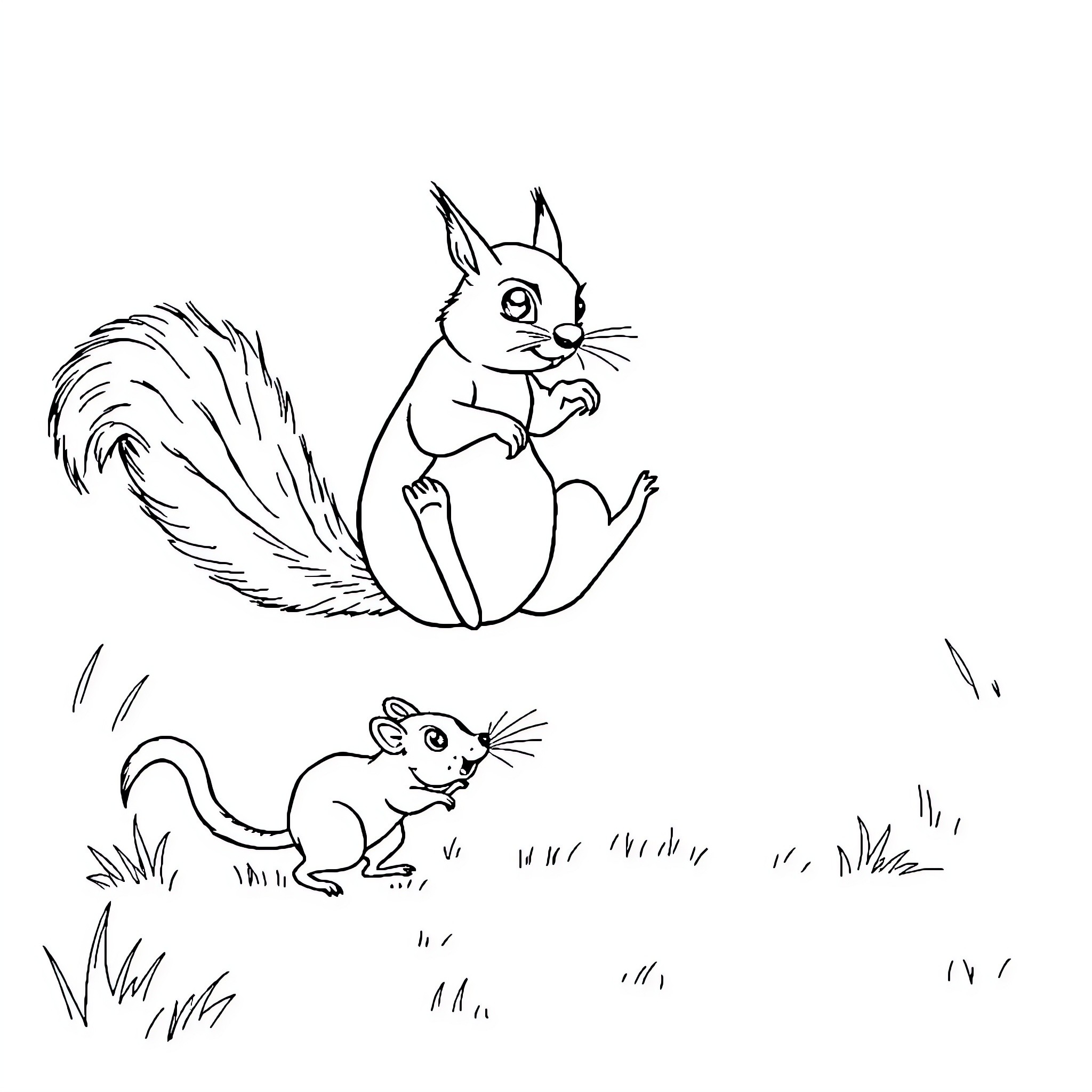 Squirrel's Playful Antics in the Grass Coloring Page (free black-and-white line drawing printable PDF for all, from beginners to advanced learners, including children, teens, adults, and seniors)