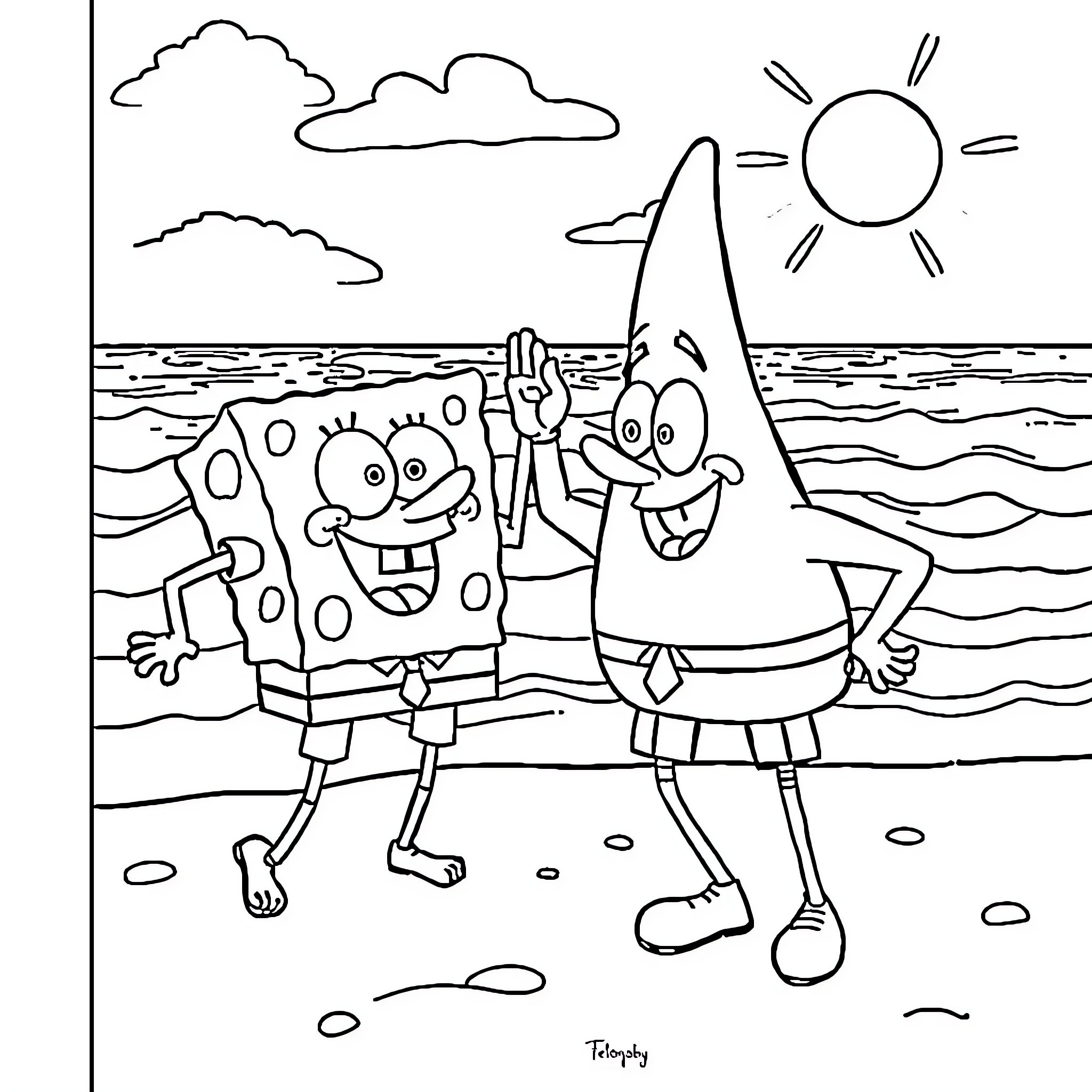 Spongebob and Patrick enjoying a sunny day at the beach Coloring Page (free black-and-white line drawing printable PDF for all, from beginners to advanced learners, including children, teens, adults, and seniors)