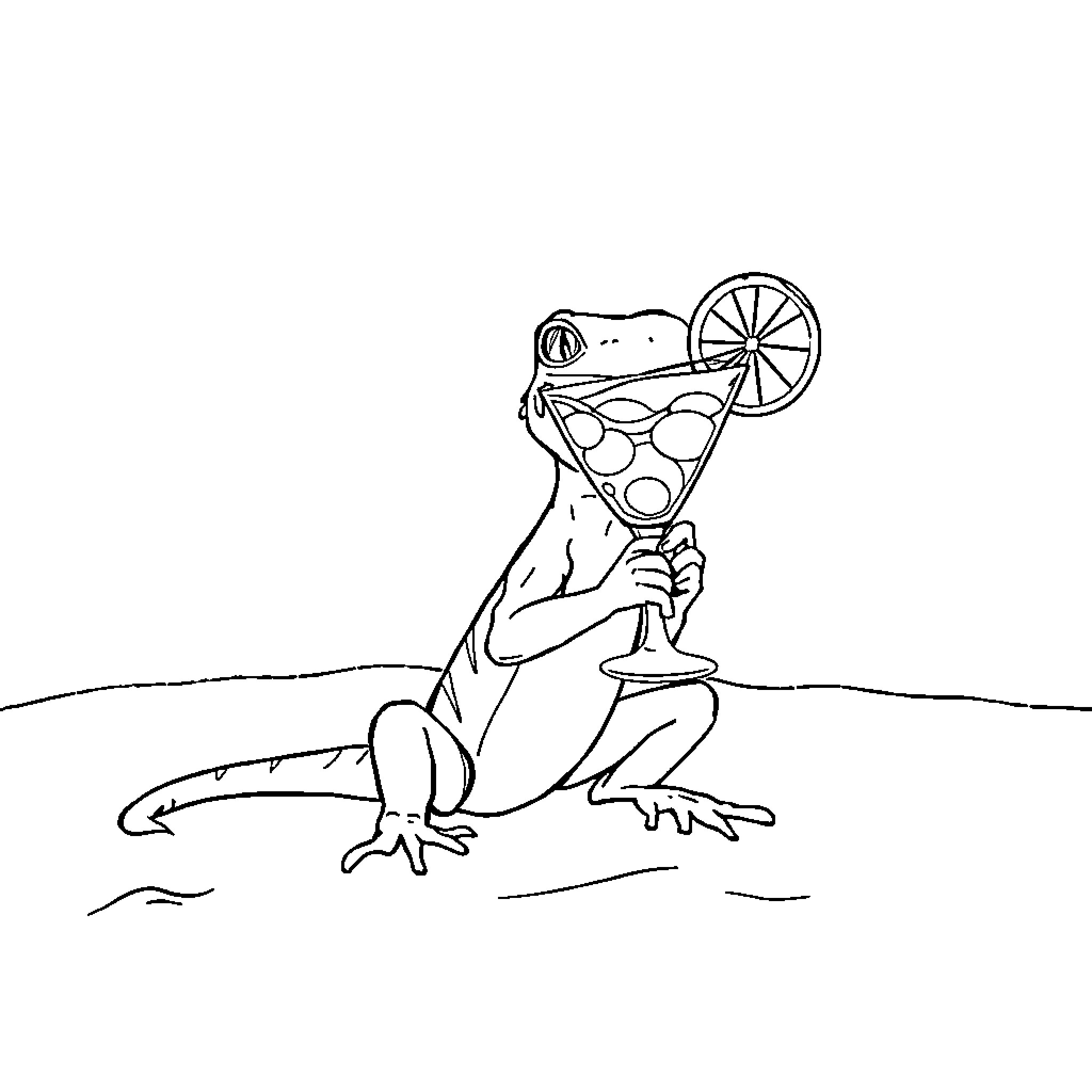 Lizard enjoying refreshing drink on hot day Coloring Page (free black-and-white line drawing printable PDF for all, from beginners to advanced learners, including children, teens, adults, and seniors)