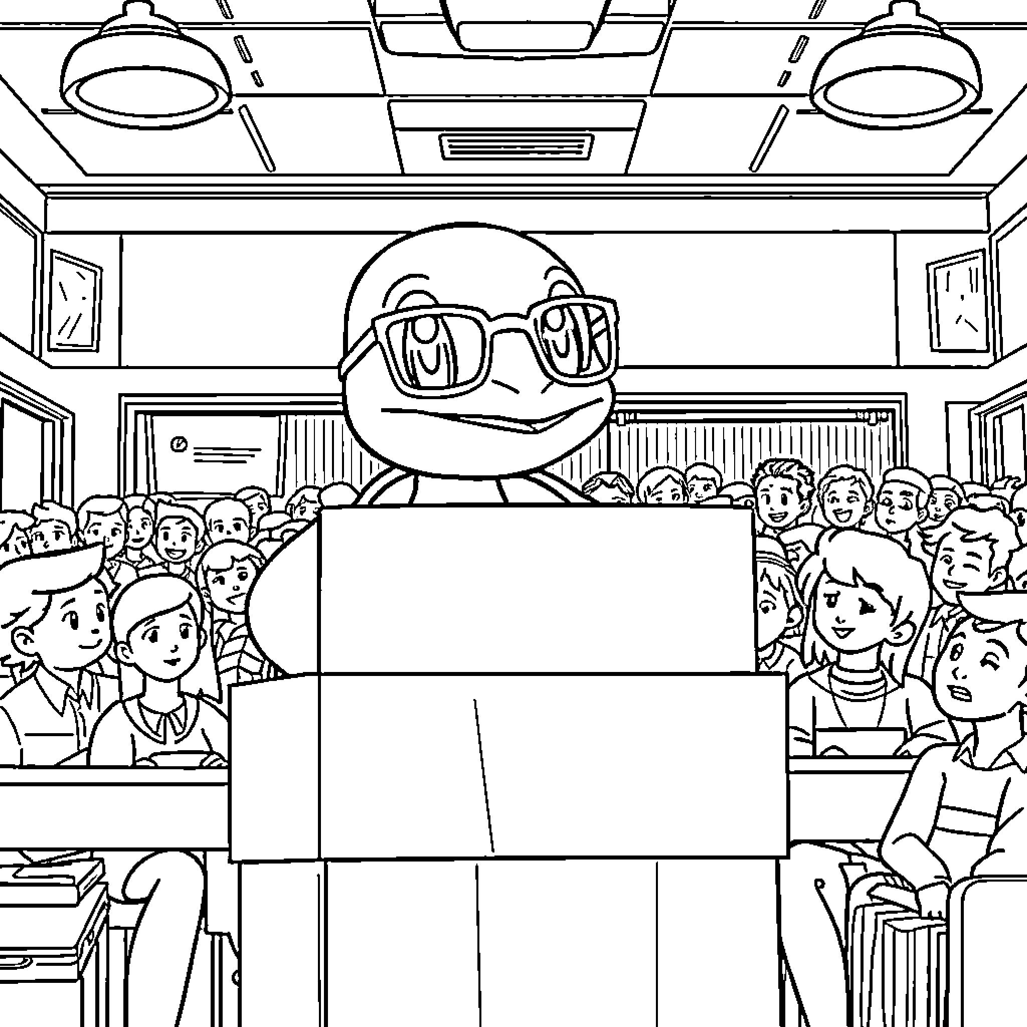 Squirtle presenting to a crowd in a classroom Coloring Page (free black-and-white line drawing printable PDF for all, from beginners to advanced learners, including children, teens, adults, and seniors)