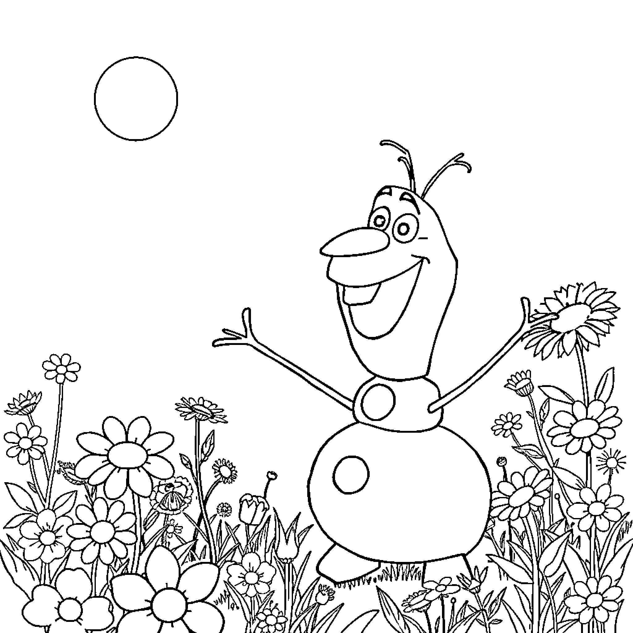 Olaf enjoying a flower-filled meadow Coloring Page (free black-and-white line drawing printable PDF for all, from beginners to advanced learners, including children, teens, adults, and seniors)