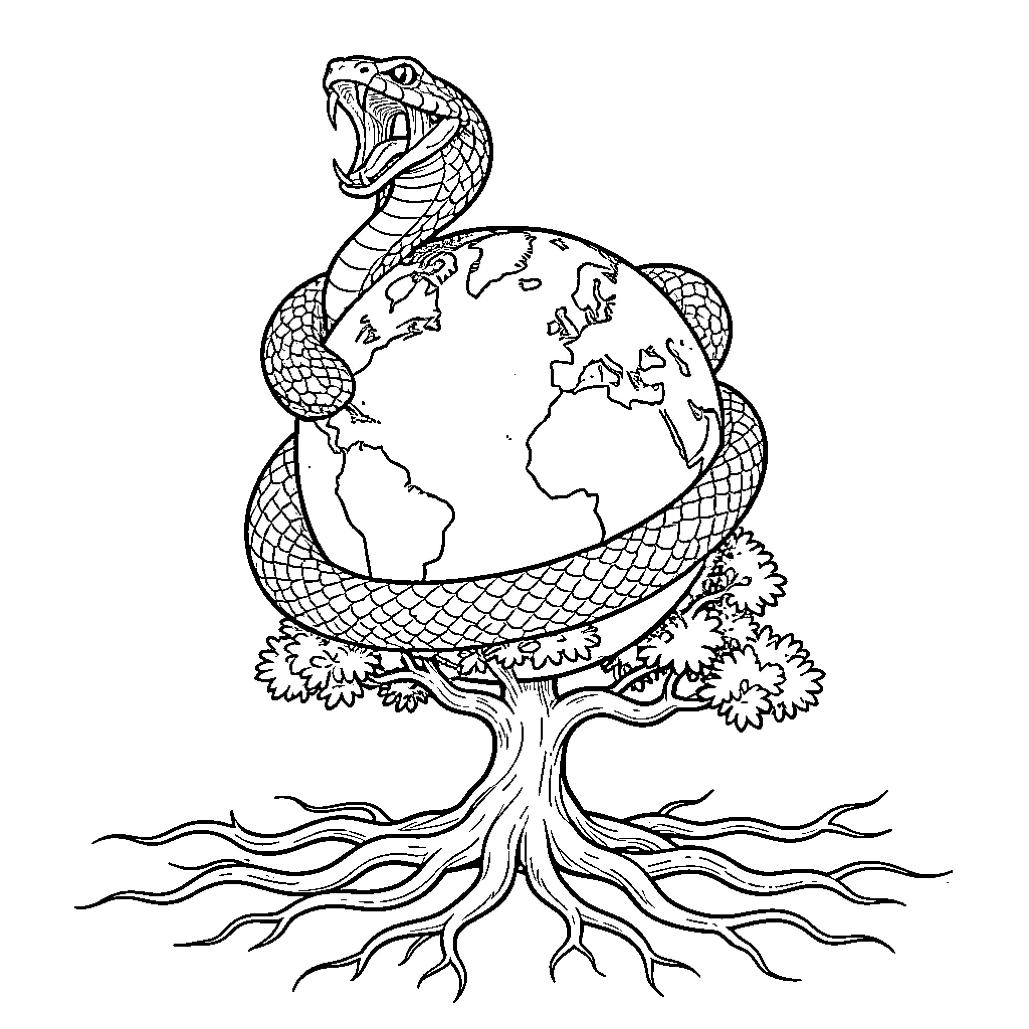 Cobra Encircling the Earthly Globe Coloring Page (free black-and-white line drawing printable PDF for all, from beginners to advanced learners, including children, teens, adults, and seniors)