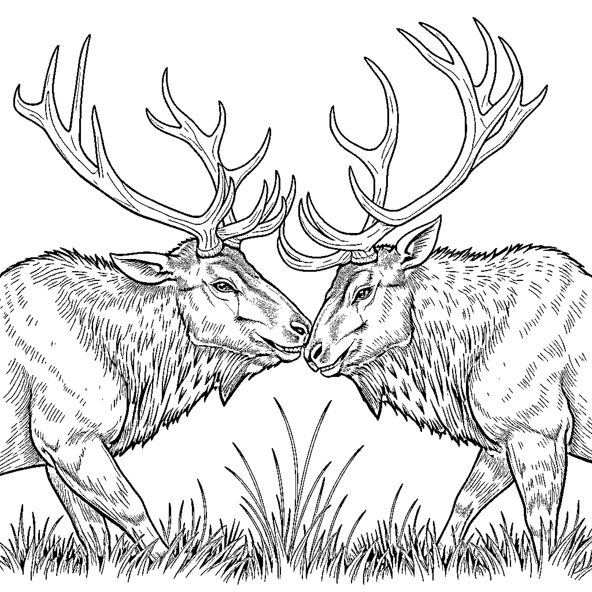 Bull Elk Confronting Each Other in the Wild Coloring Page (free black-and-white line drawing printable PDF for all, from beginners to advanced learners, including children, teens, adults, and seniors)