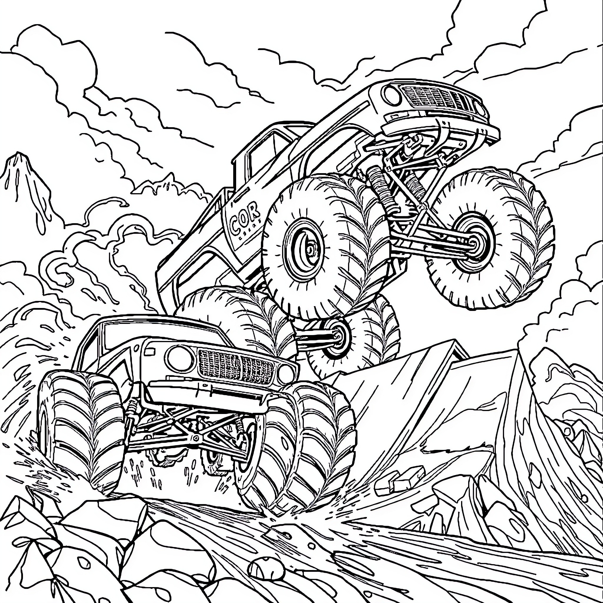 Monster Truck Conquering Rugged Terrain Coloring Page (free black-and-white line drawing printable PDF for all, from beginners to advanced learners, including children, teens, adults, and seniors)