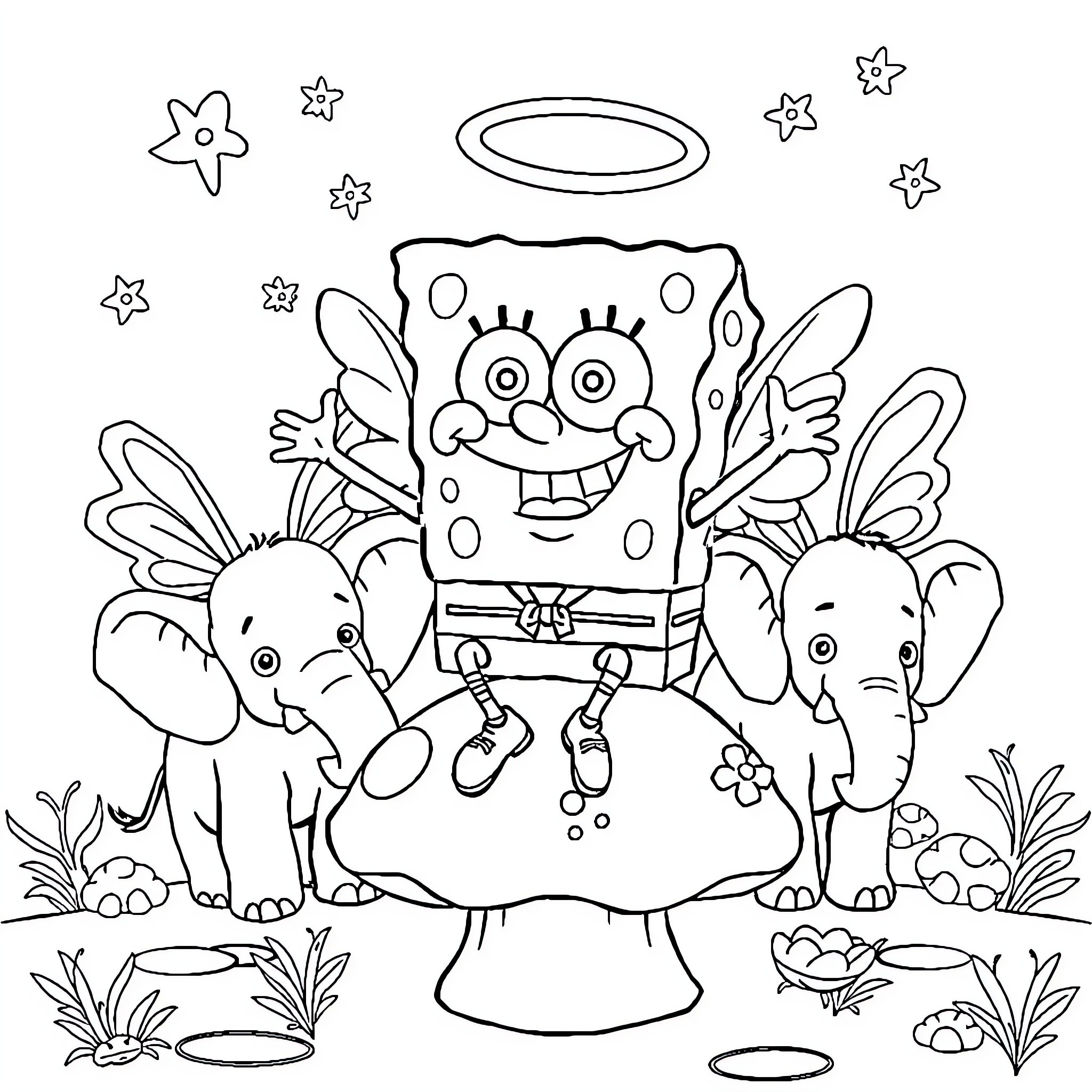 Spongebob surrounded by happy animals in nature Coloring Page (free black-and-white line drawing printable PDF for all, from beginners to advanced learners, including children, teens, adults, and seniors)