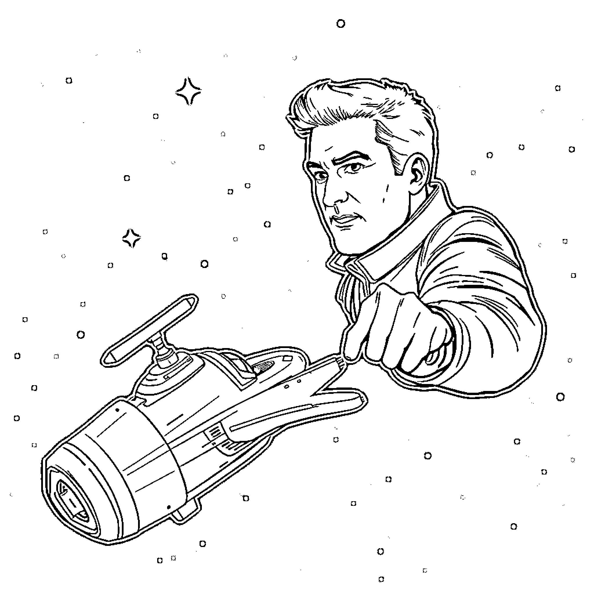 Malcolm Reynolds explores the galaxy with his futuristic device Coloring Page (free black-and-white line drawing printable PDF for all, from beginners to advanced learners, including children, teens, adults, and seniors)
