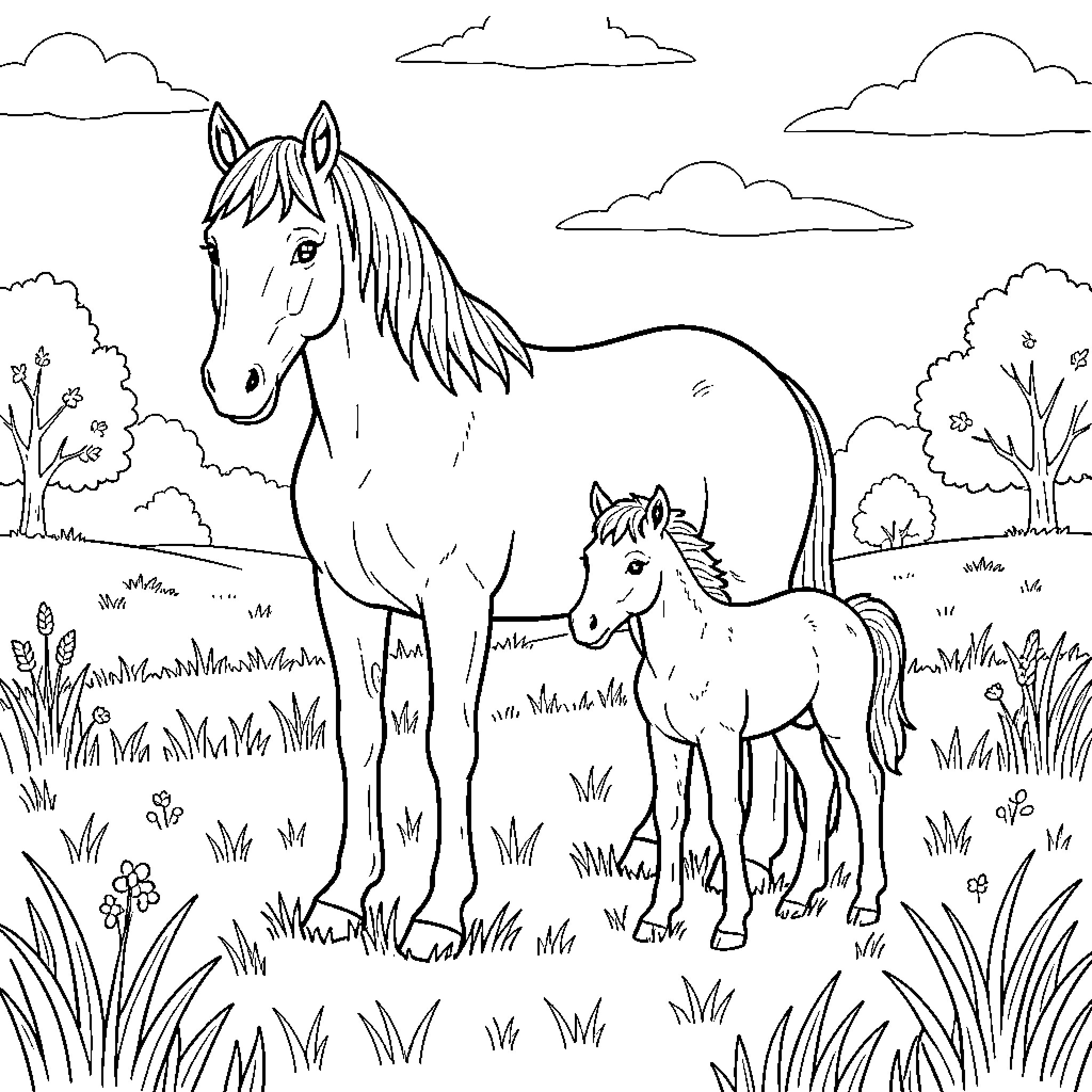 Horse and foal standing together in a meadow Coloring Page (free black-and-white line drawing printable PDF for all, from beginners to advanced learners, including children, teens, adults, and seniors)