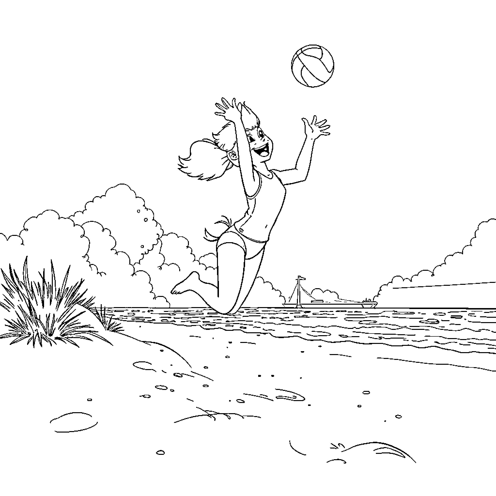 Misty figure playing with beach ball by the ocean Coloring Page (free black-and-white line drawing printable PDF for all, from beginners to advanced learners, including children, teens, adults, and seniors)