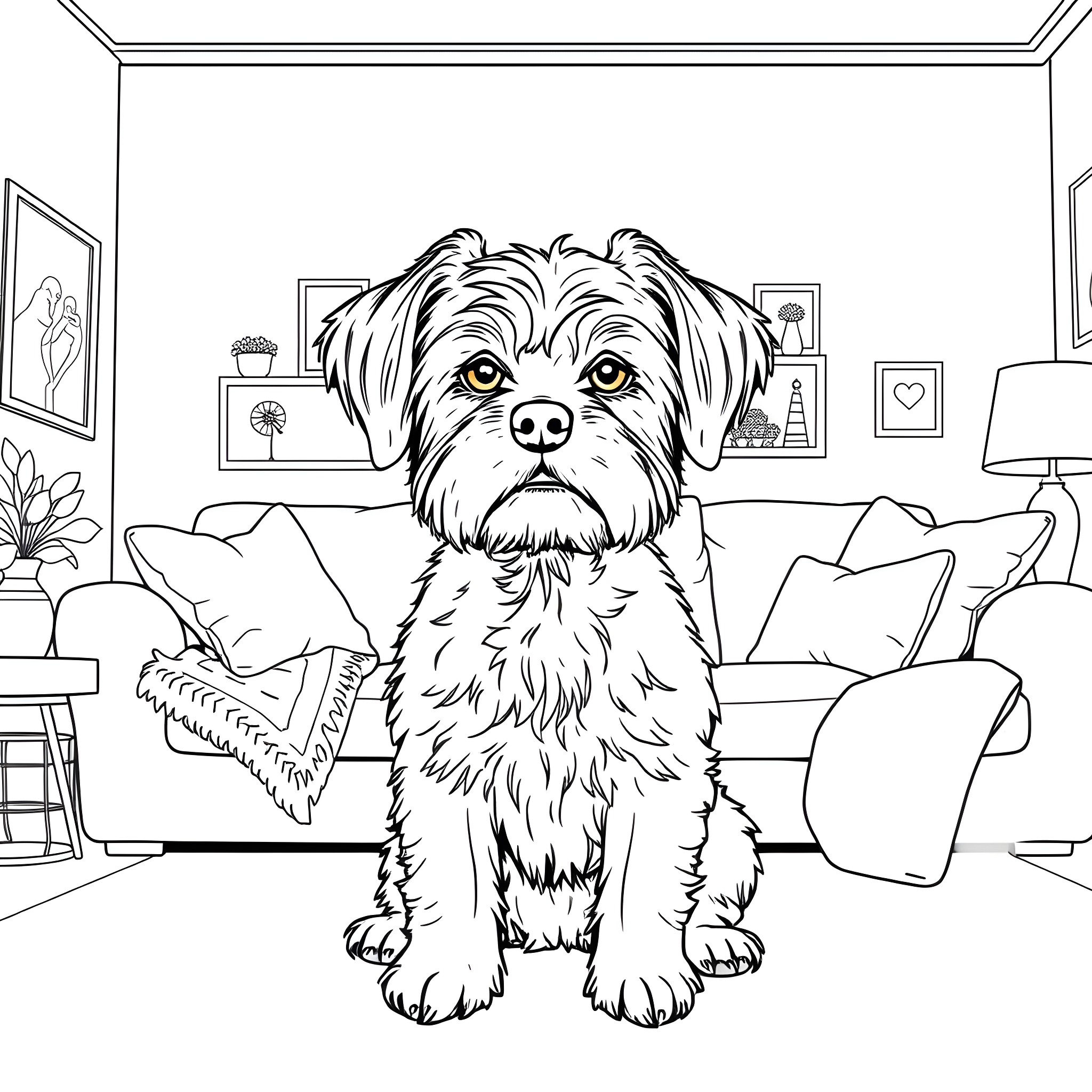 Havanese dog sitting calmly in the living room Coloring Page (free black-and-white line drawing printable PDF for all, from beginners to advanced learners, including children, teens, adults, and seniors)