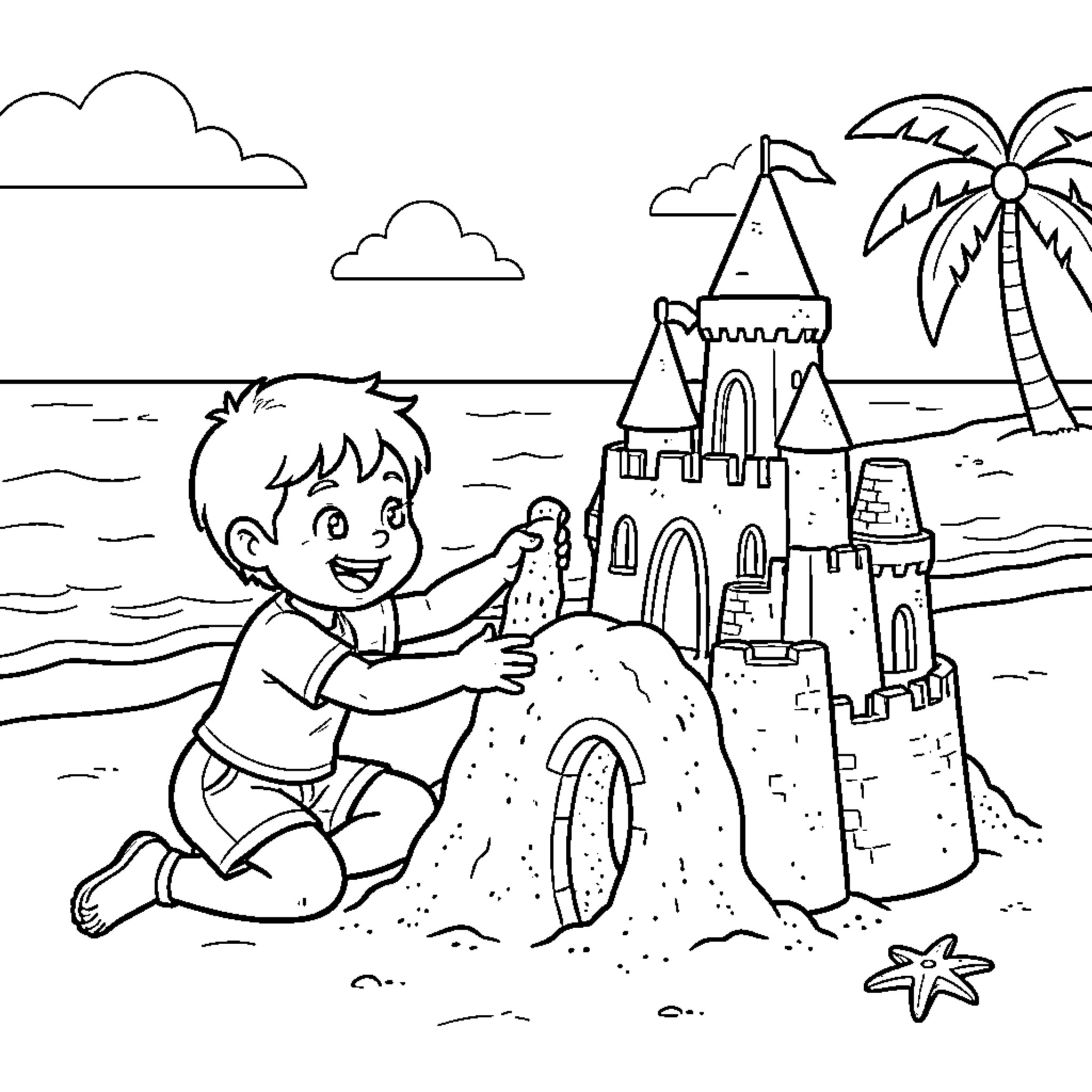 Niño Building a Sandcastle at the Beach Coloring Page (free black-and-white line drawing printable PDF for all, from beginners to advanced learners, including children, teens, adults, and seniors)