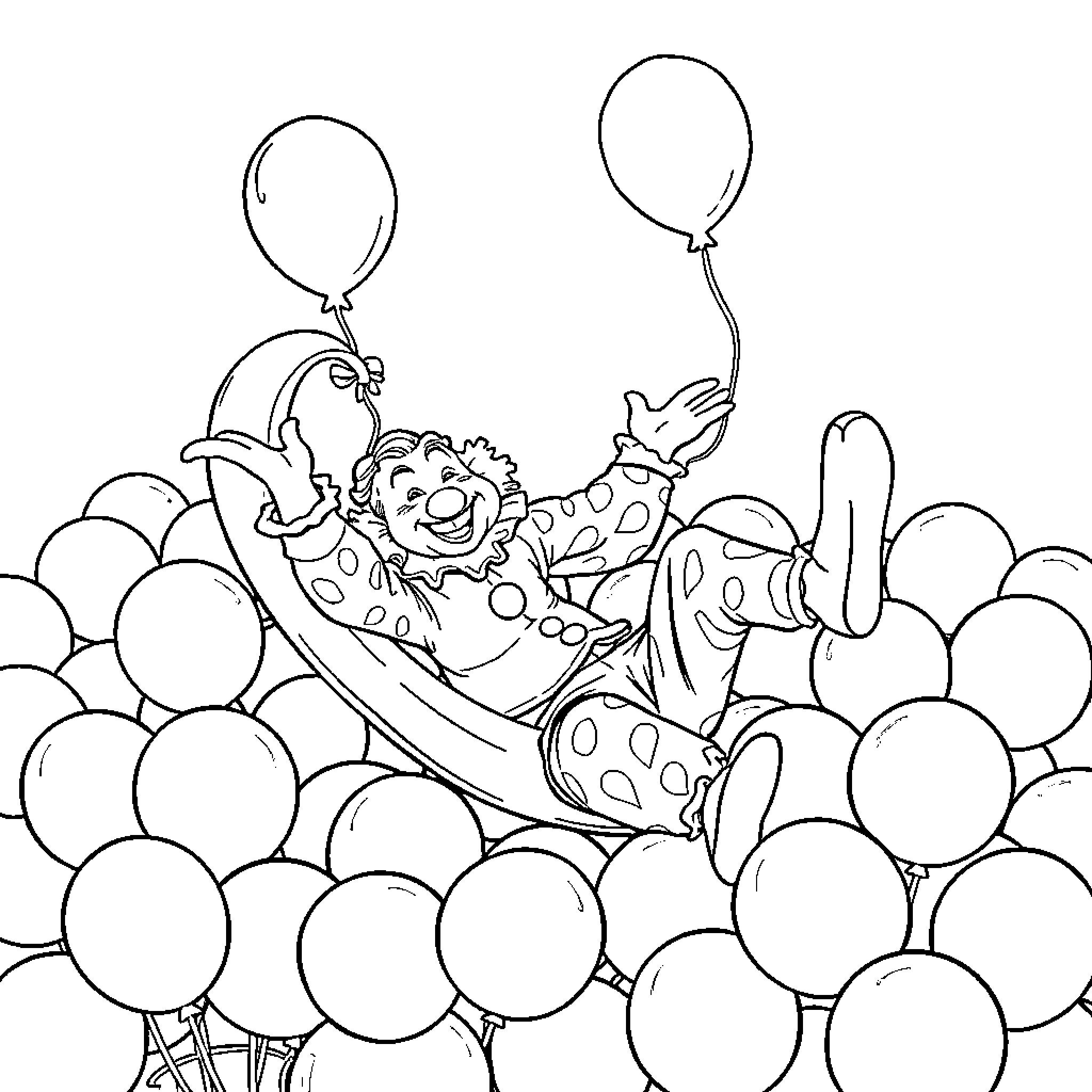 Humor in Balloon Antics Coloring Page (free black-and-white line drawing printable PDF for all, from beginners to advanced learners, including children, teens, adults, and seniors)