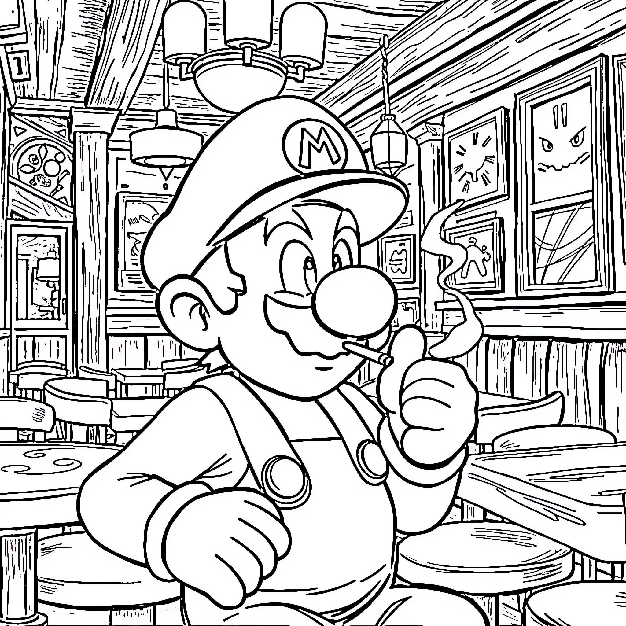 Mario Exploring a Quirky Cartoon World Coloring Page (free black-and-white line drawing printable PDF for all, from beginners to advanced learners, including children, teens, adults, and seniors)