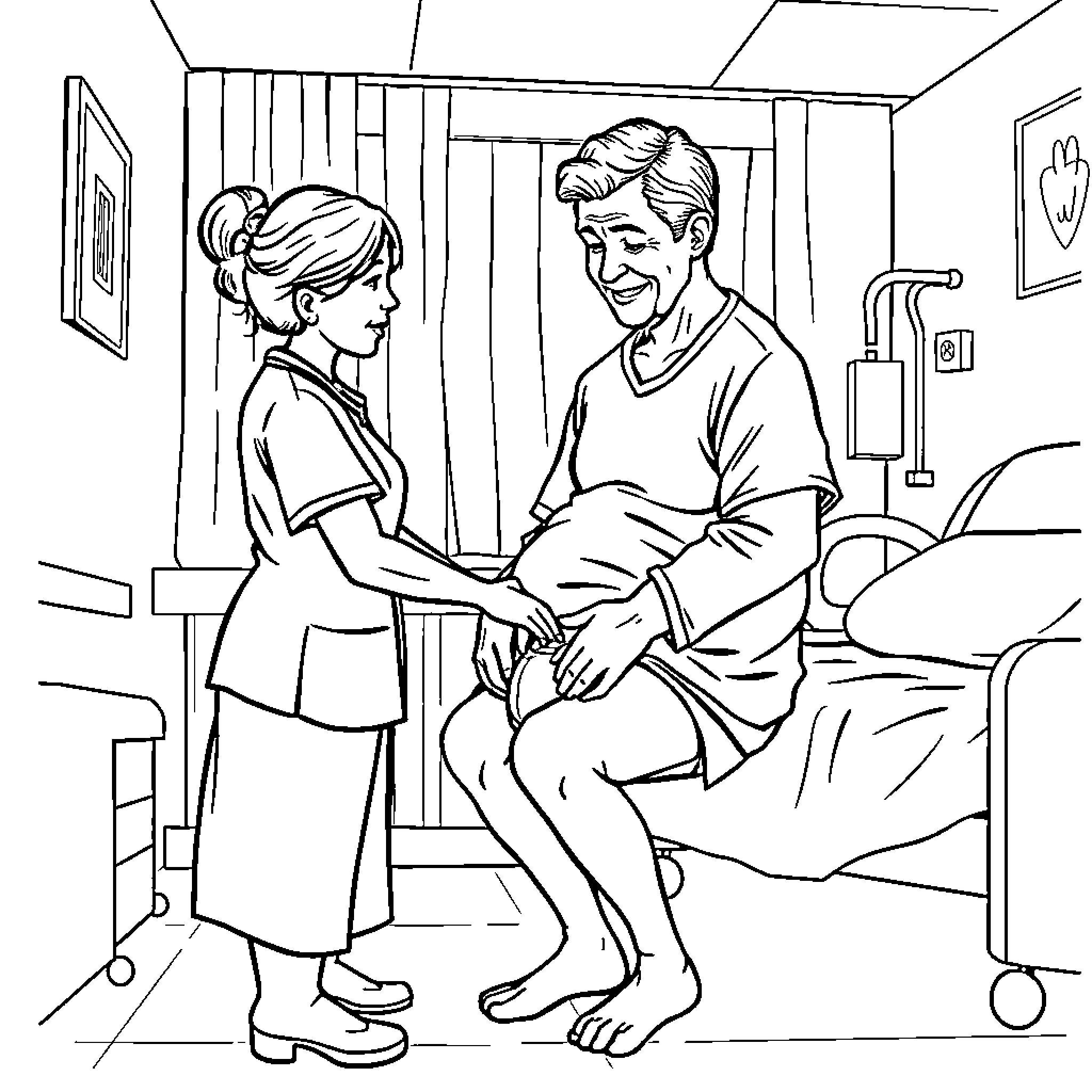 Nurse Caring for Patient in Hospital Room Coloring Page (free black-and-white line drawing printable PDF for all, from beginners to advanced learners, including children, teens, adults, and seniors)