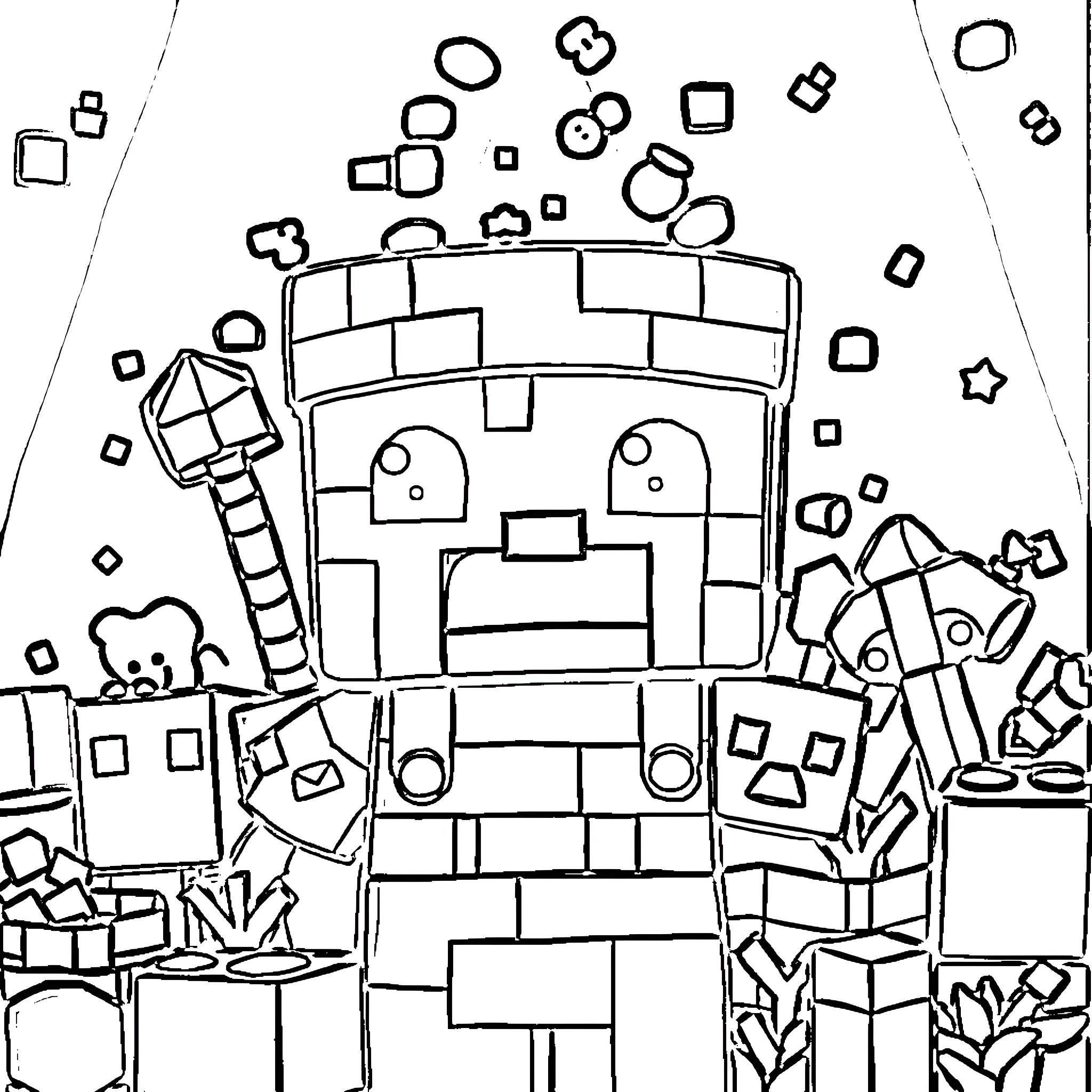 Minecraft Blocks and Creatures in Vibrant Setting Coloring Page (free black-and-white line drawing printable PDF for all, from beginners to advanced learners, including children, teens, adults, and seniors)
