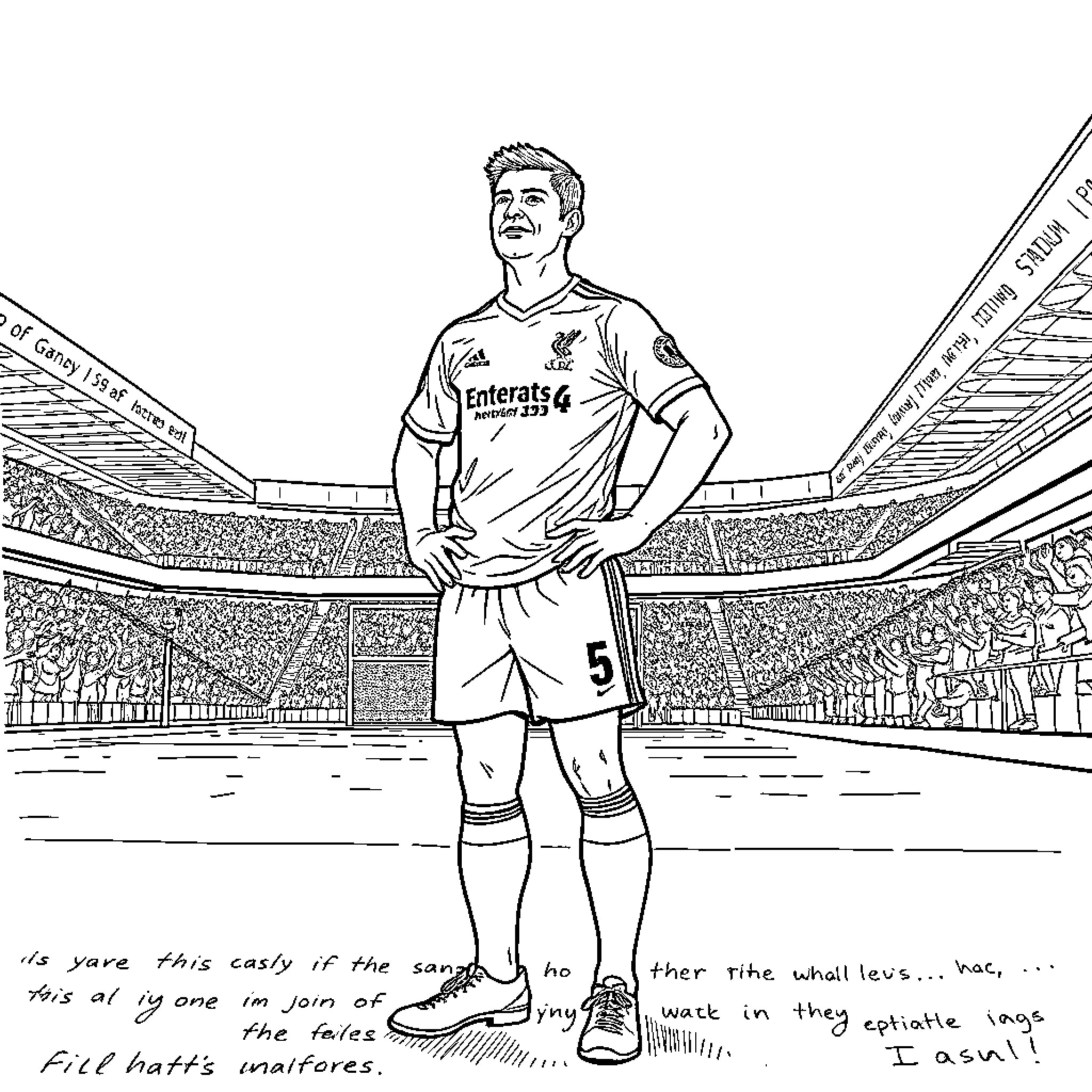 Steven Gerrard standing confidently on the soccer field Coloring Page (free black-and-white line drawing printable PDF for all, from beginners to advanced learners, including children, teens, adults, and seniors)