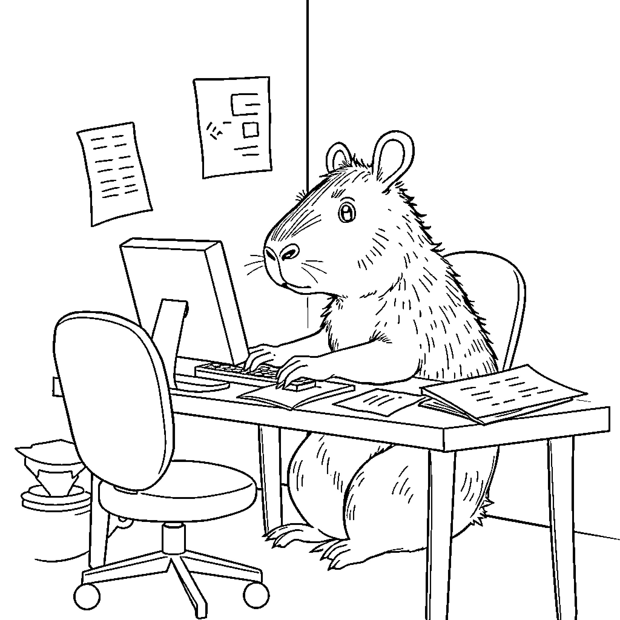 Capybara working diligently on computer at desk Coloring Page (free black-and-white line drawing printable PDF for all, from beginners to advanced learners, including children, teens, adults, and seniors)