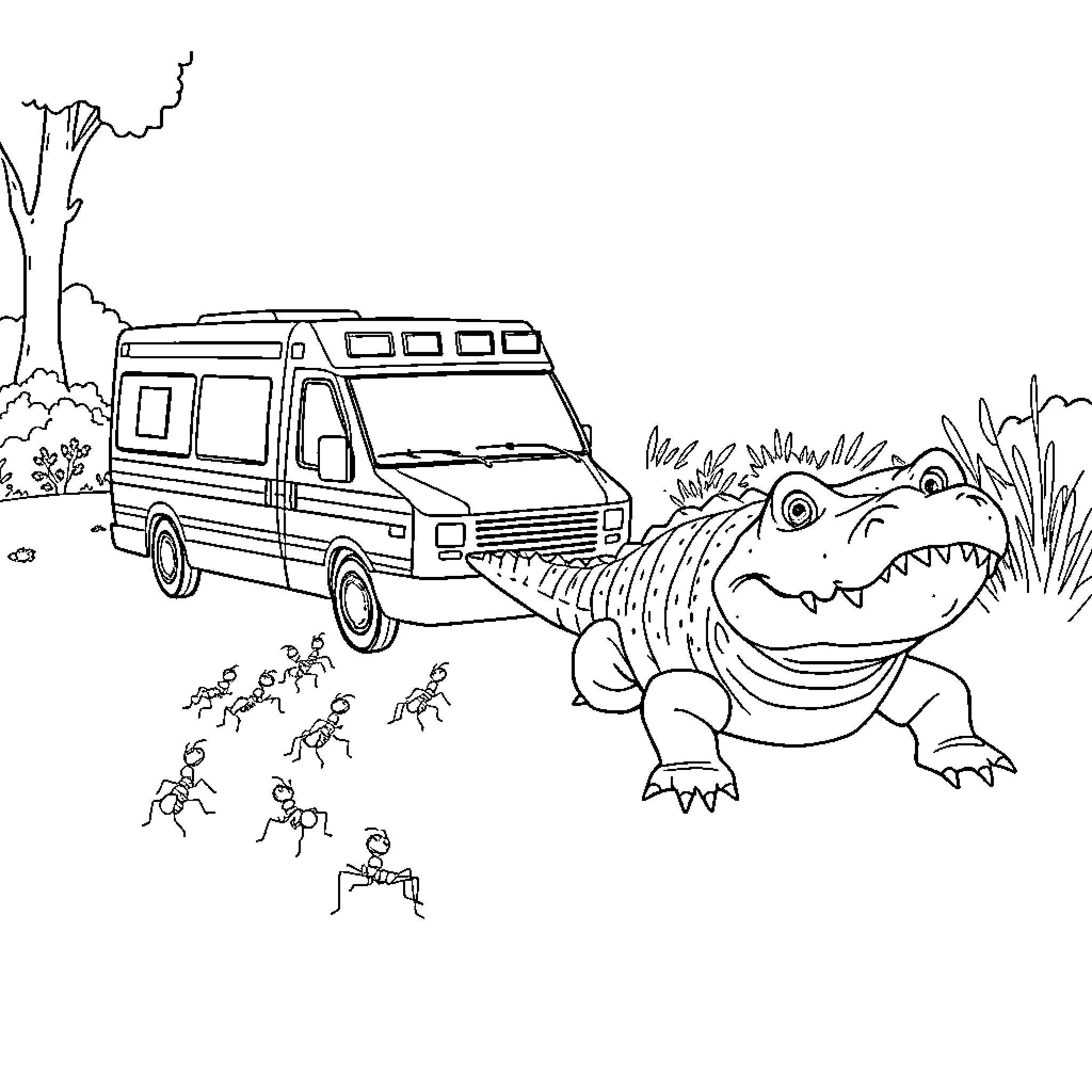 Ant Expedition Truck and Alligator Coloring Page (free black-and-white line drawing printable PDF for all, from beginners to advanced learners, including children, teens, adults, and seniors)