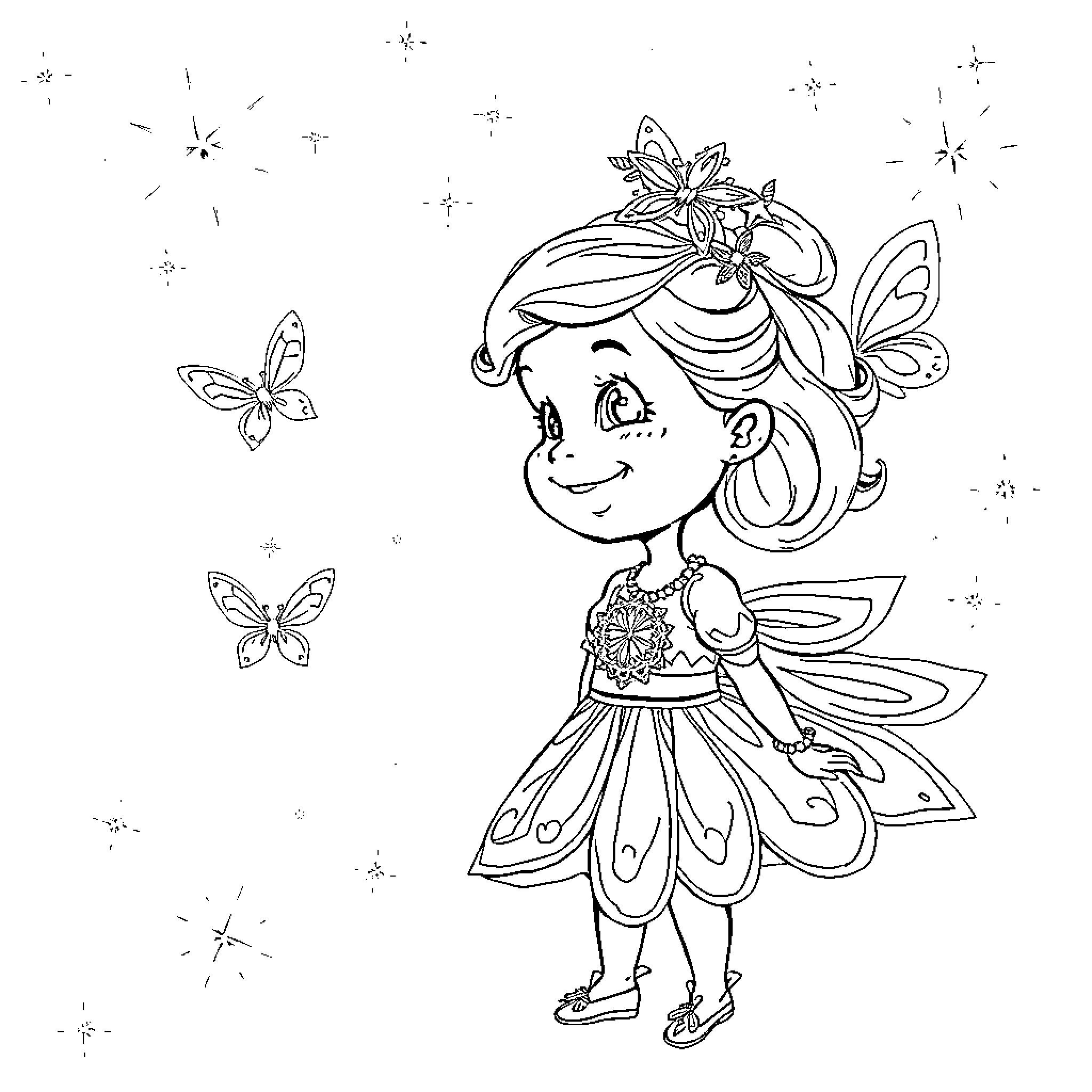 Unicorn fairy playing with butterflies Coloring Page (free black-and-white line drawing printable PDF for all, from beginners to advanced learners, including children, teens, adults, and seniors)