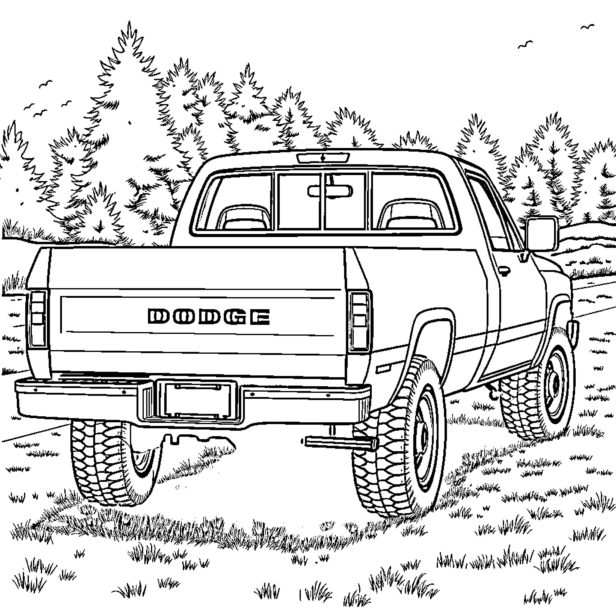 Dodge truck off-roading in the wilderness Coloring Page (free black-and-white line drawing printable PDF for all, from beginners to advanced learners, including children, teens, adults, and seniors)