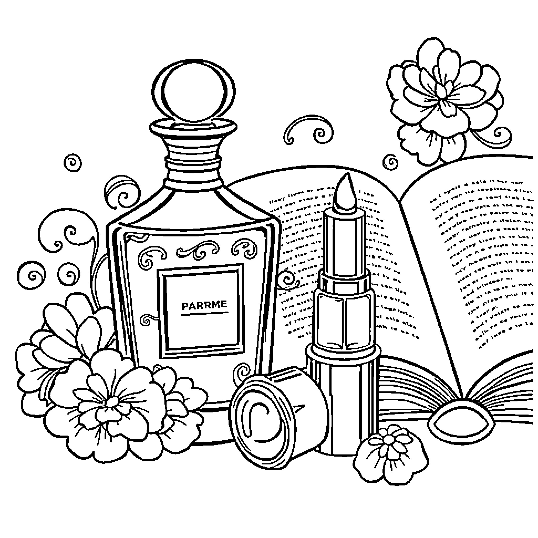 Perfume Bottle Surrounded by Floral Decor Coloring Page (free black-and-white line drawing printable PDF for all, from beginners to advanced learners, including children, teens, adults, and seniors)