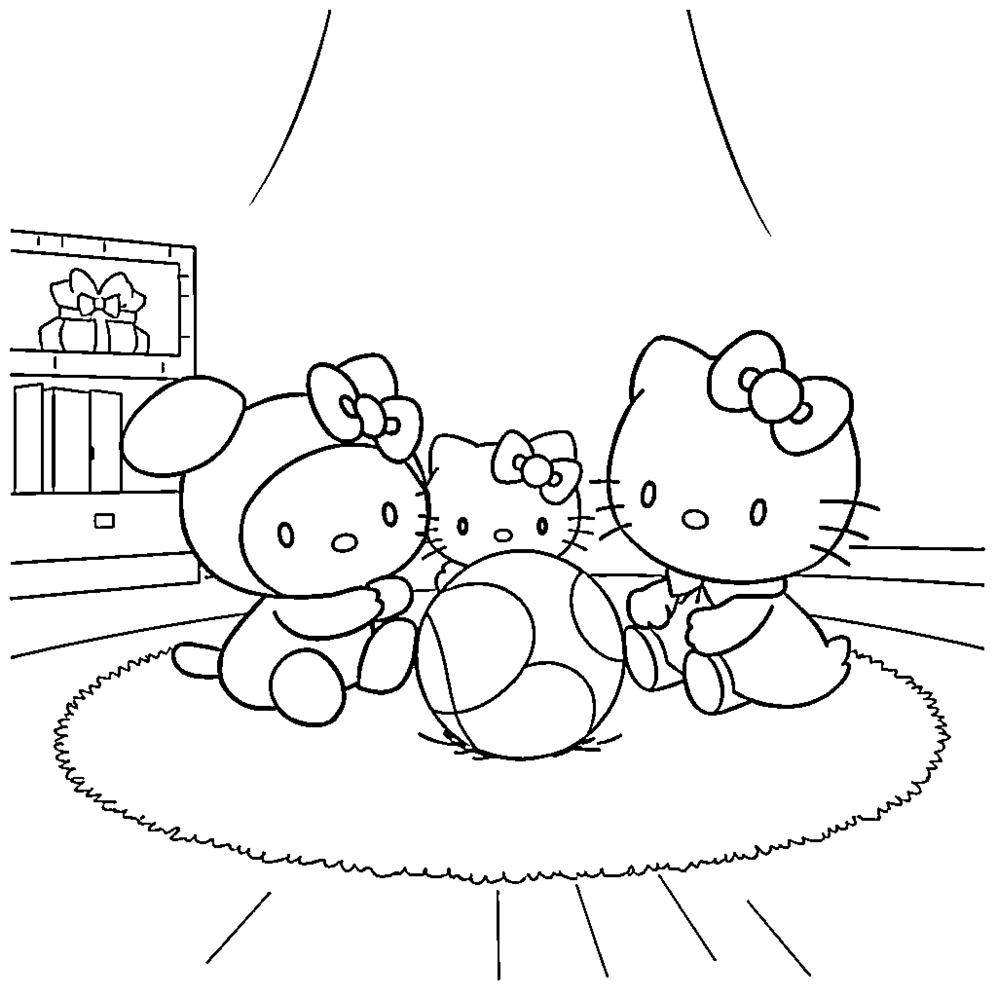 Hello Kitty and friends playing together Coloring Page (free black-and-white line drawing printable PDF for all, from beginners to advanced learners, including children, teens, adults, and seniors)