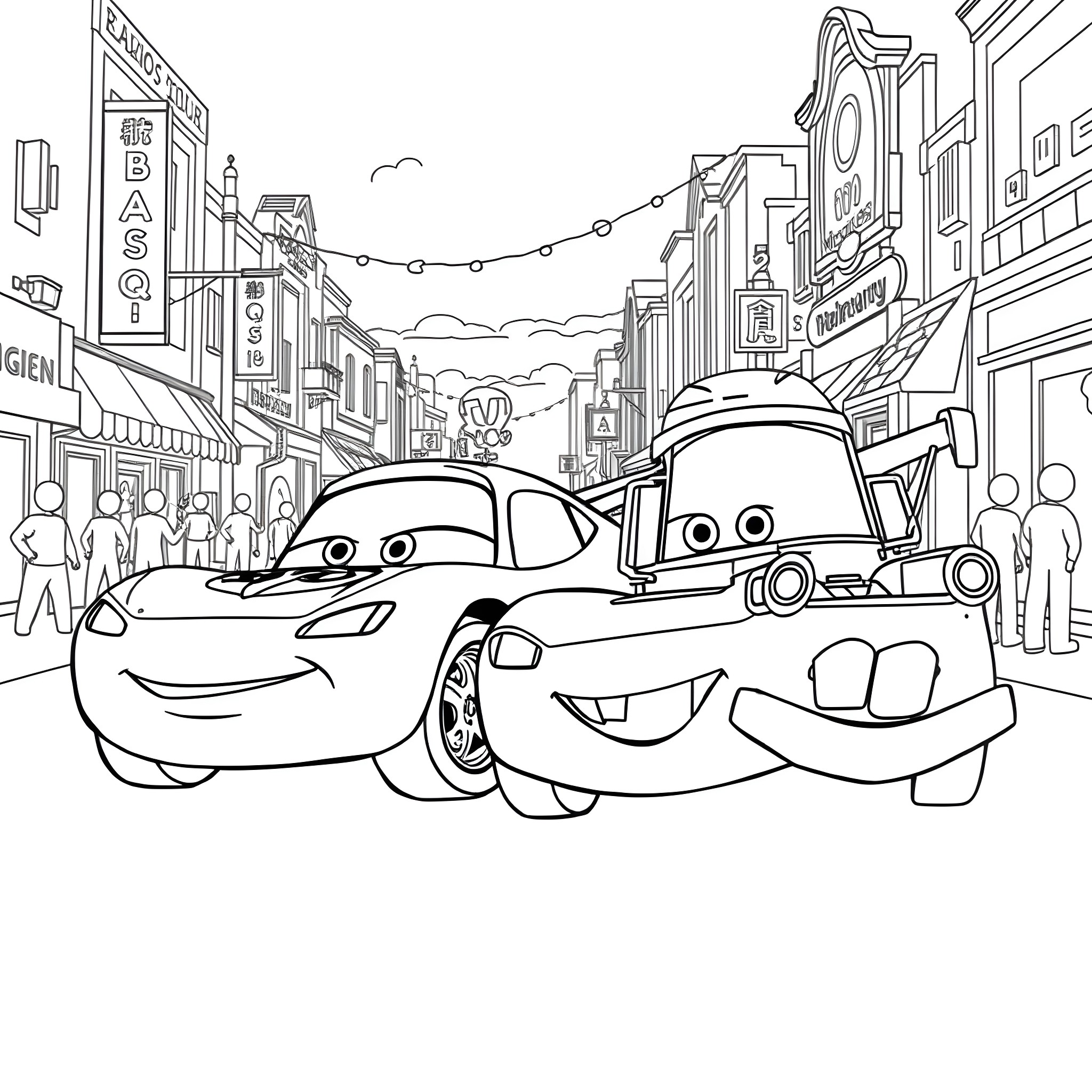Lightning McQueen and Mater Enjoying the Town Coloring Page (free black-and-white line drawing printable PDF for all, from beginners to advanced learners, including children, teens, adults, and seniors)
