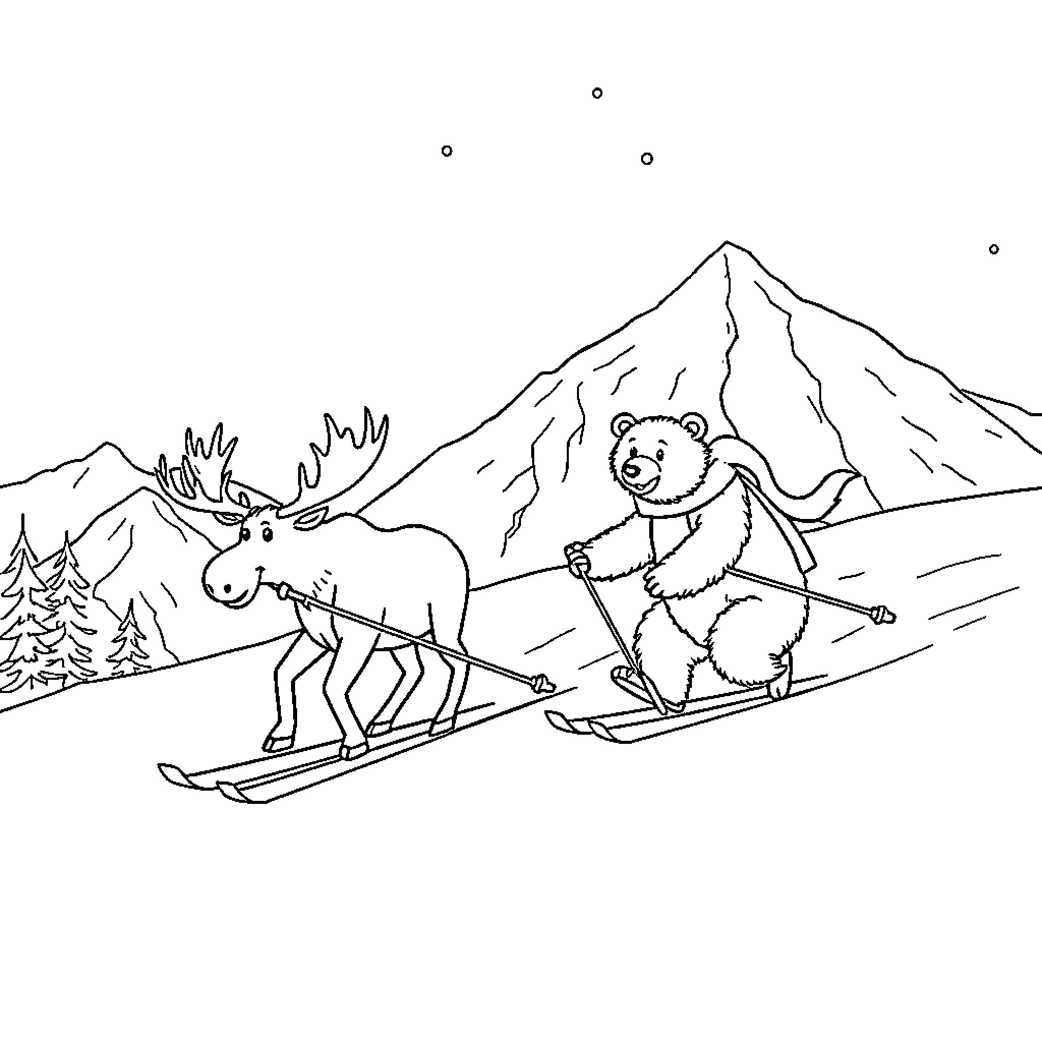Moose and Bear Skiing in Snowy Mountains Coloring Page (free black-and-white line drawing printable PDF for all, from beginners to advanced learners, including children, teens, adults, and seniors)