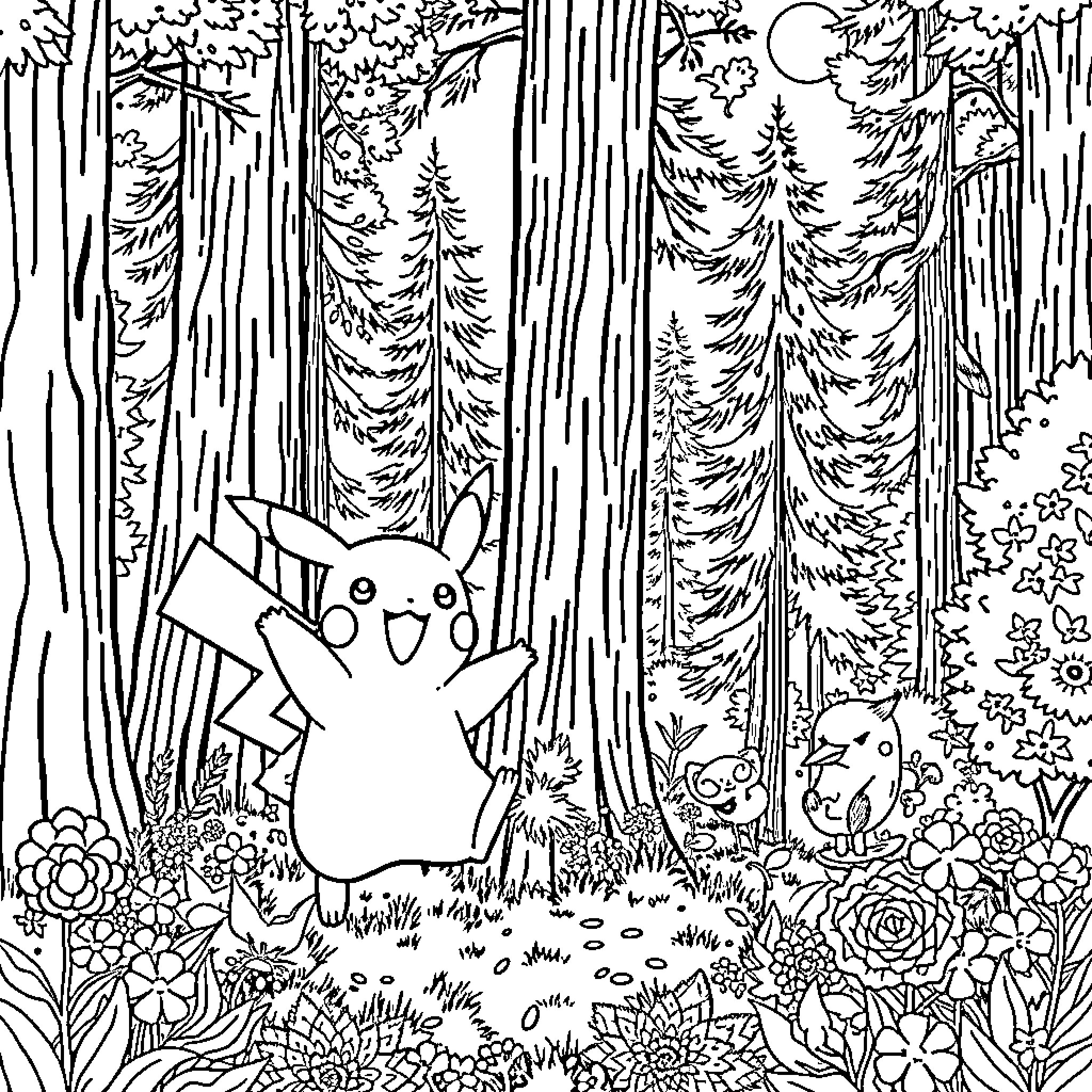 Pikachu playing in the magical forest Coloring Page (free black-and-white line drawing printable PDF for all, from beginners to advanced learners, including children, teens, adults, and seniors)