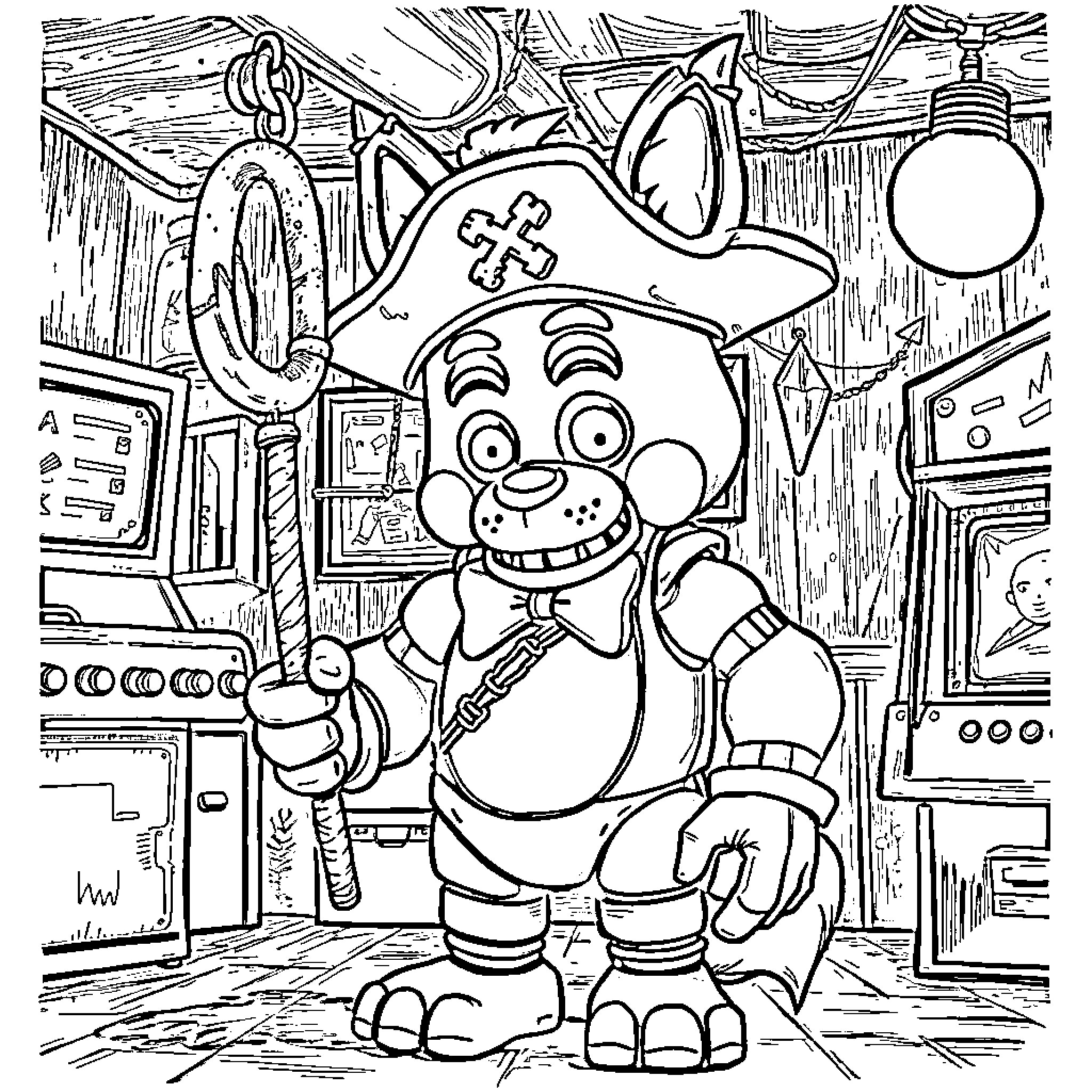 Foxy pirate exploring the treasure-laden cabin Coloring Page (free black-and-white line drawing printable PDF for all, from beginners to advanced learners, including children, teens, adults, and seniors)