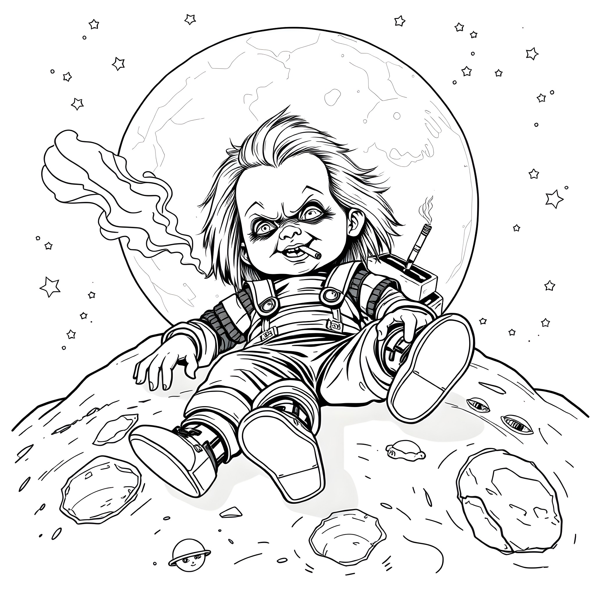 Chucky's Cosmic Adventure Coloring Page (free black-and-white line drawing printable PDF for all, from beginners to advanced learners, including children, teens, adults, and seniors)