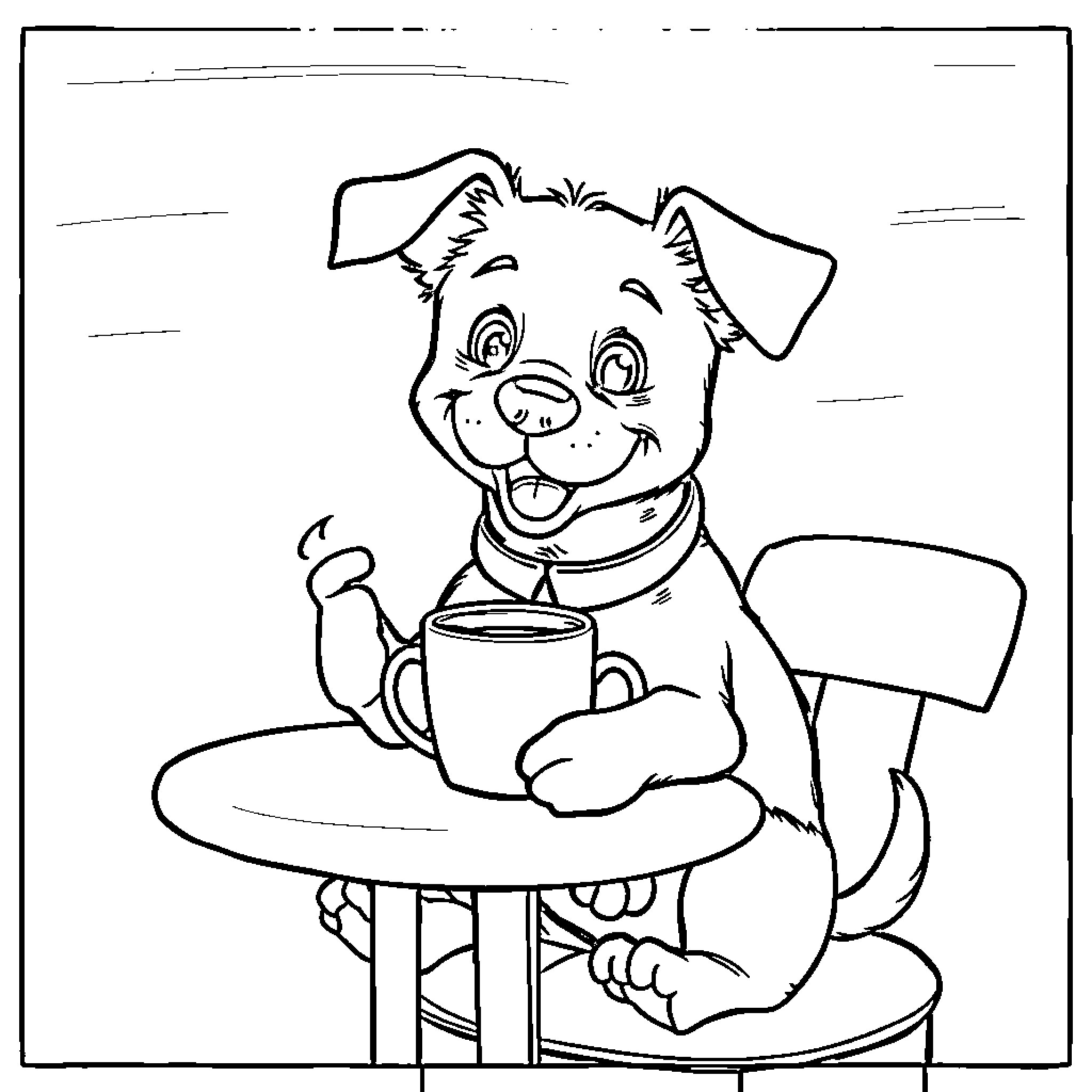Dog enjoying a hot drink at a cafe Coloring Page (free black-and-white line drawing printable PDF for all, from beginners to advanced learners, including children, teens, adults, and seniors)