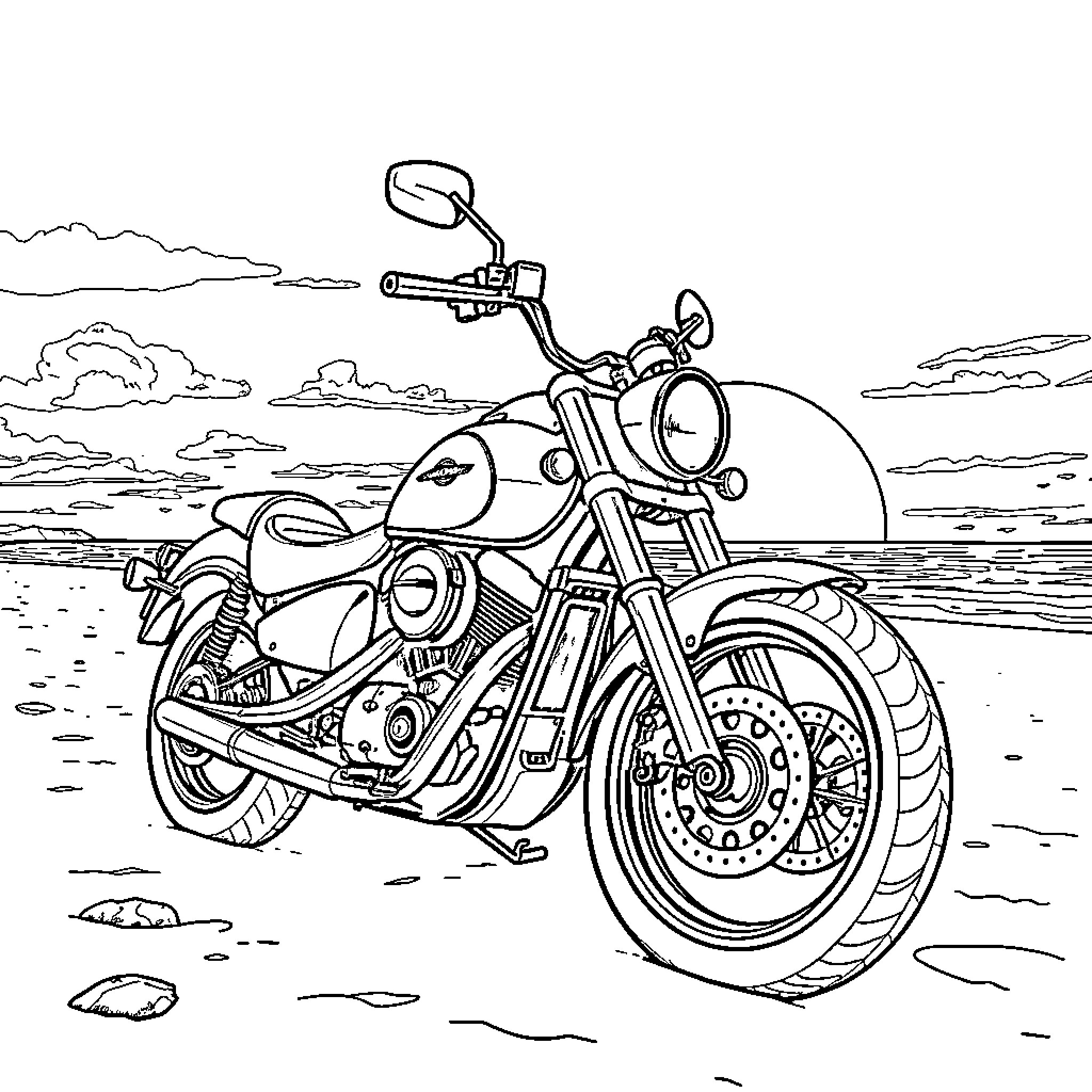 Motorcycle on the open road with clouds in the sky Coloring Page (free black-and-white line drawing printable PDF for all, from beginners to advanced learners, including children, teens, adults, and seniors)