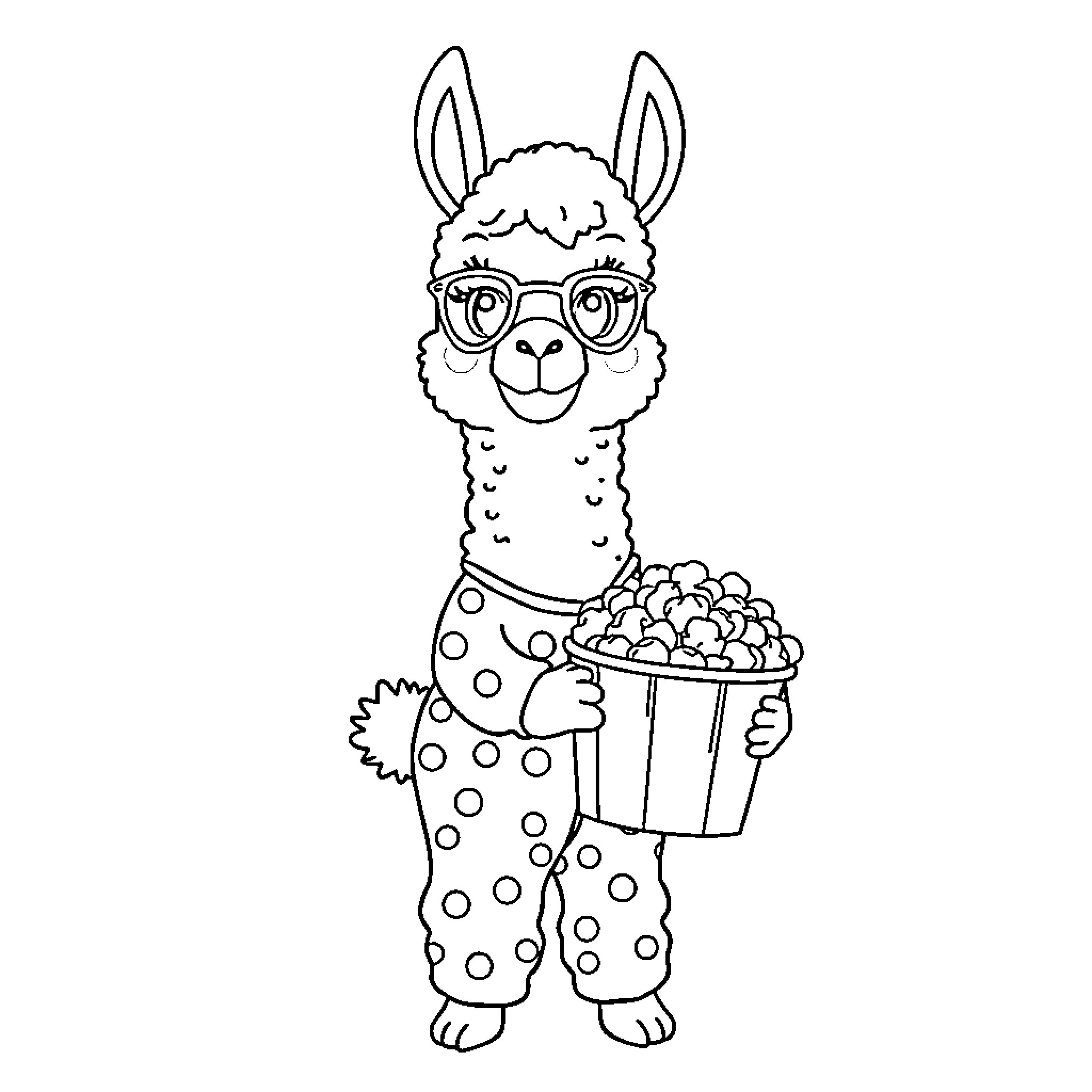 Lama holding popcorn and wearing glasses Coloring Page (free black-and-white line drawing printable PDF for all, from beginners to advanced learners, including children, teens, adults, and seniors)