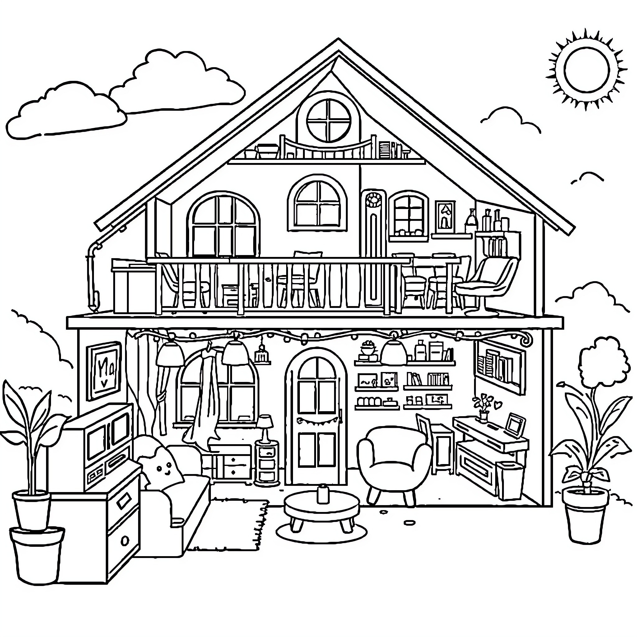 Gabby's Cozy Home Full of Treasures Coloring Page (free black-and-white line drawing printable PDF for all, from beginners to advanced learners, including children, teens, adults, and seniors)