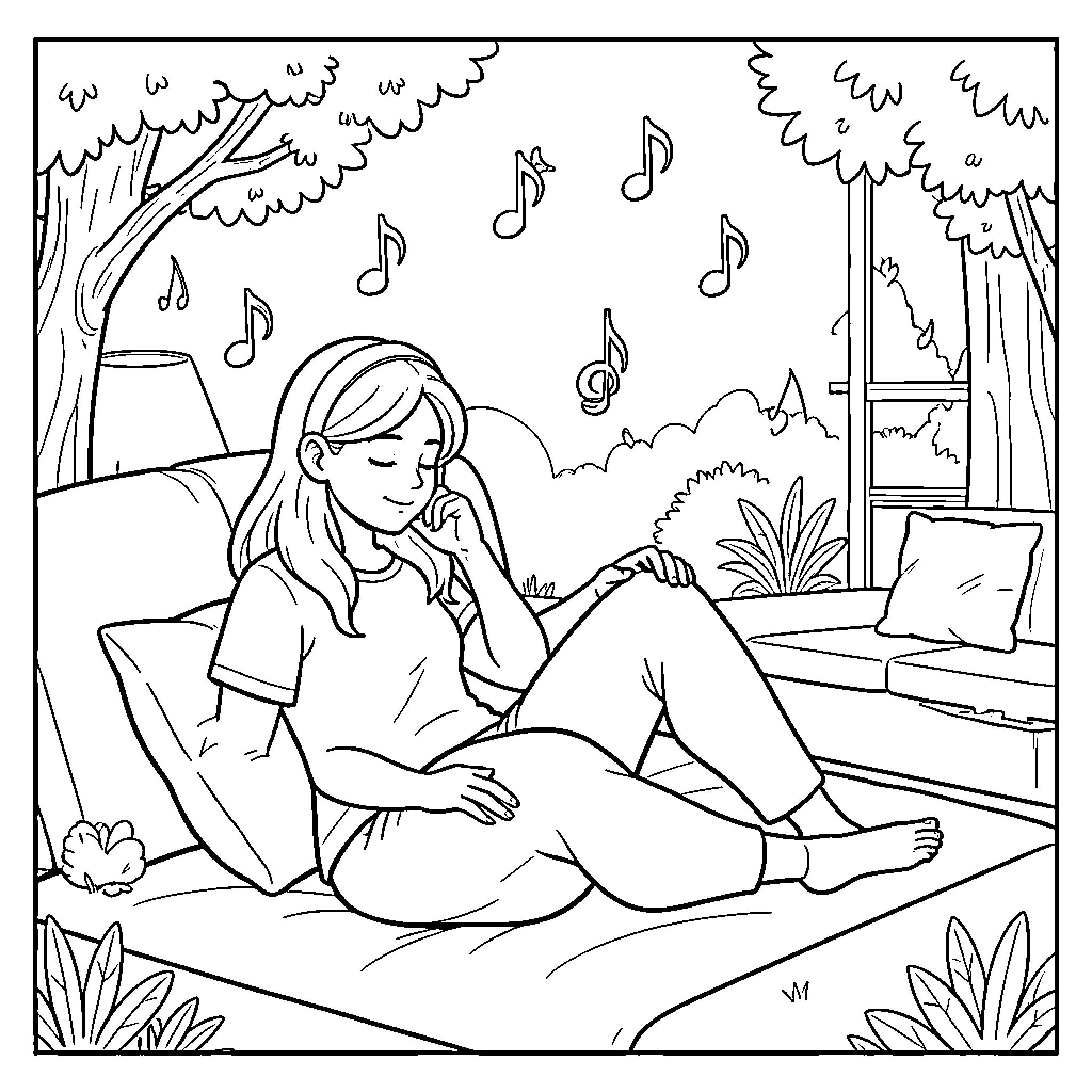 Relaxing Outdoor Musical Moment Coloring Page (free black-and-white line drawing printable PDF for all, from beginners to advanced learners, including children, teens, adults, and seniors)