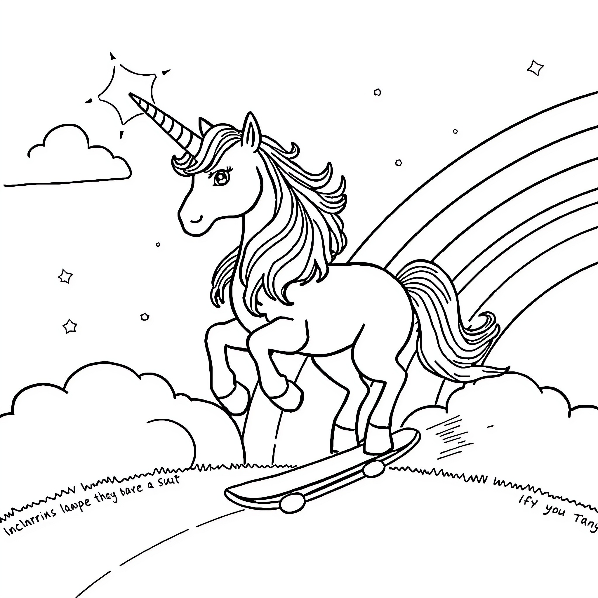 Unicorn skateboarding through enchanted clouds Coloring Page (free black-and-white line drawing printable PDF for all, from beginners to advanced learners, including children, teens, adults, and seniors)
