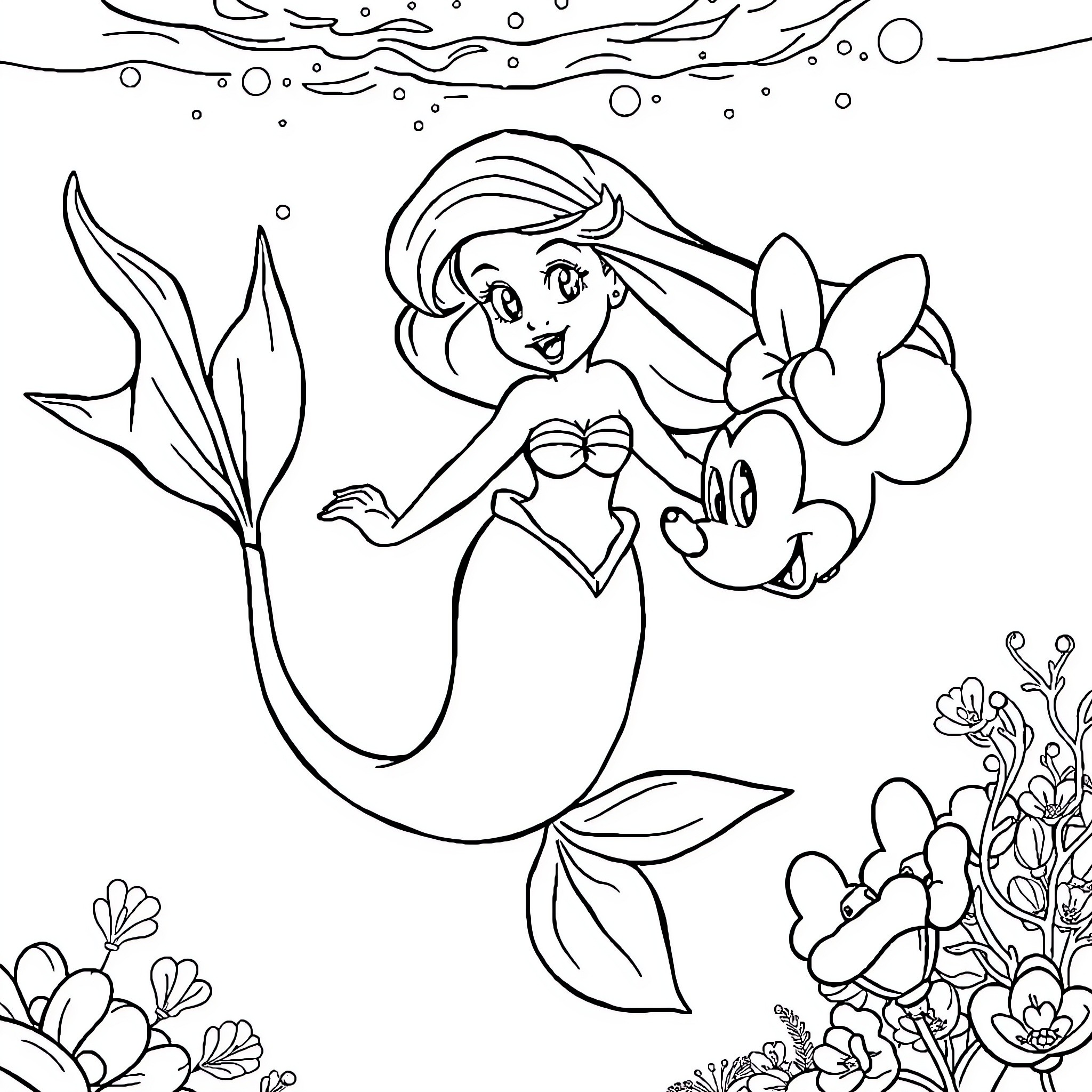 Ariel the Mermaid exploring the underwater world Coloring Page (free black-and-white line drawing printable PDF for all, from beginners to advanced learners, including children, teens, adults, and seniors)