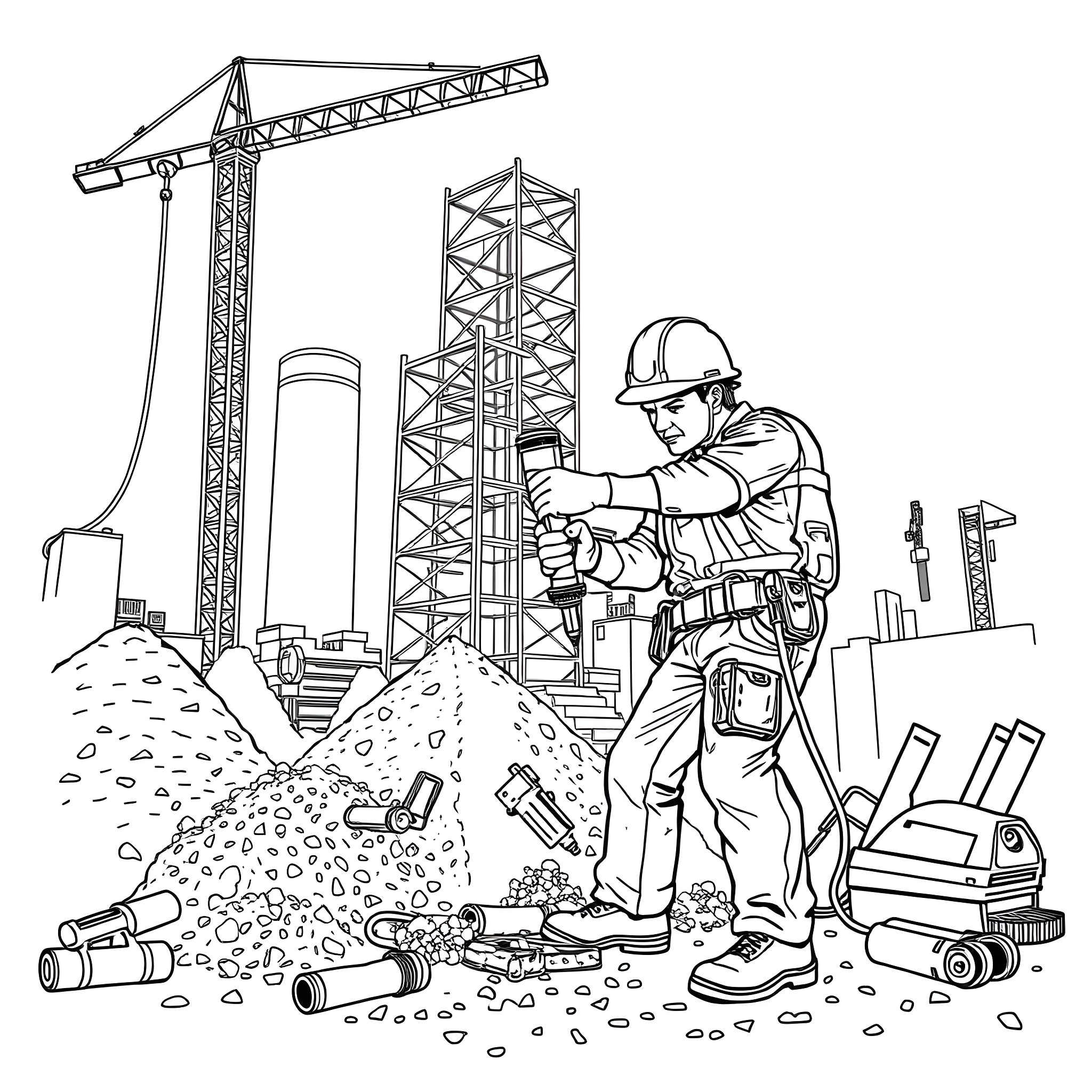 Person working on construction project with tools and equipment Coloring Page (free black-and-white line drawing printable PDF for all, from beginners to advanced learners, including children, teens, adults, and seniors)