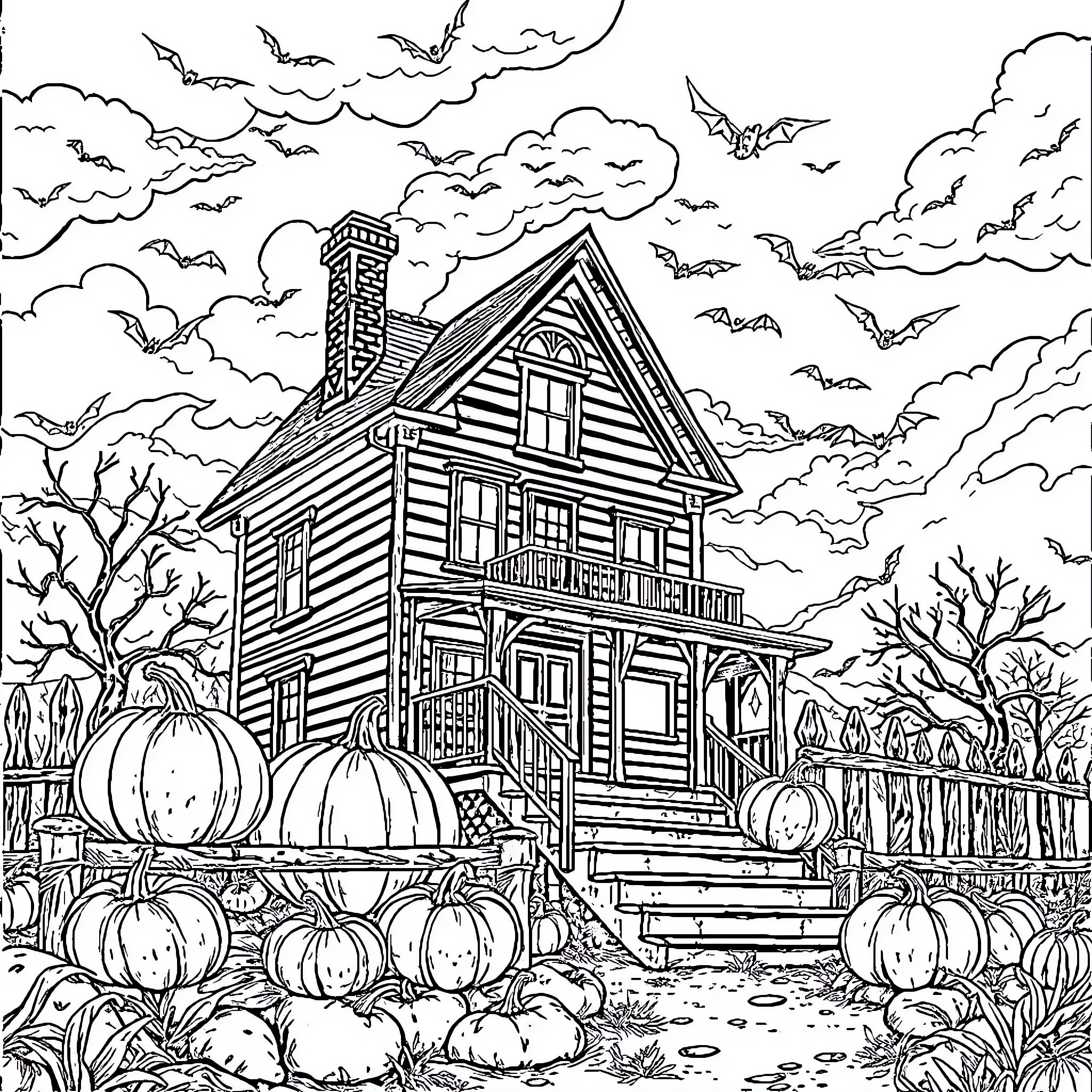 Halloween Haunted House with Pumpkins and Bats Coloring Page (free black-and-white line drawing printable PDF for all, from beginners to advanced learners, including children, teens, adults, and seniors)