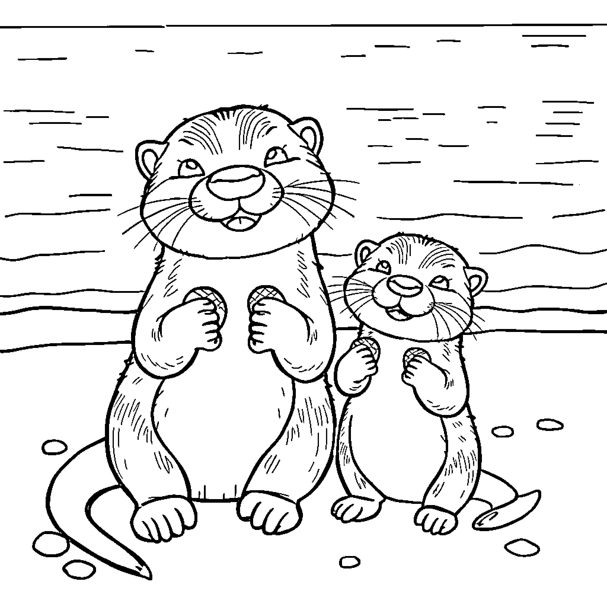 Otter couple enjoying themselves in the wild Coloring Page (free black-and-white line drawing printable PDF for all, from beginners to advanced learners, including children, teens, adults, and seniors)