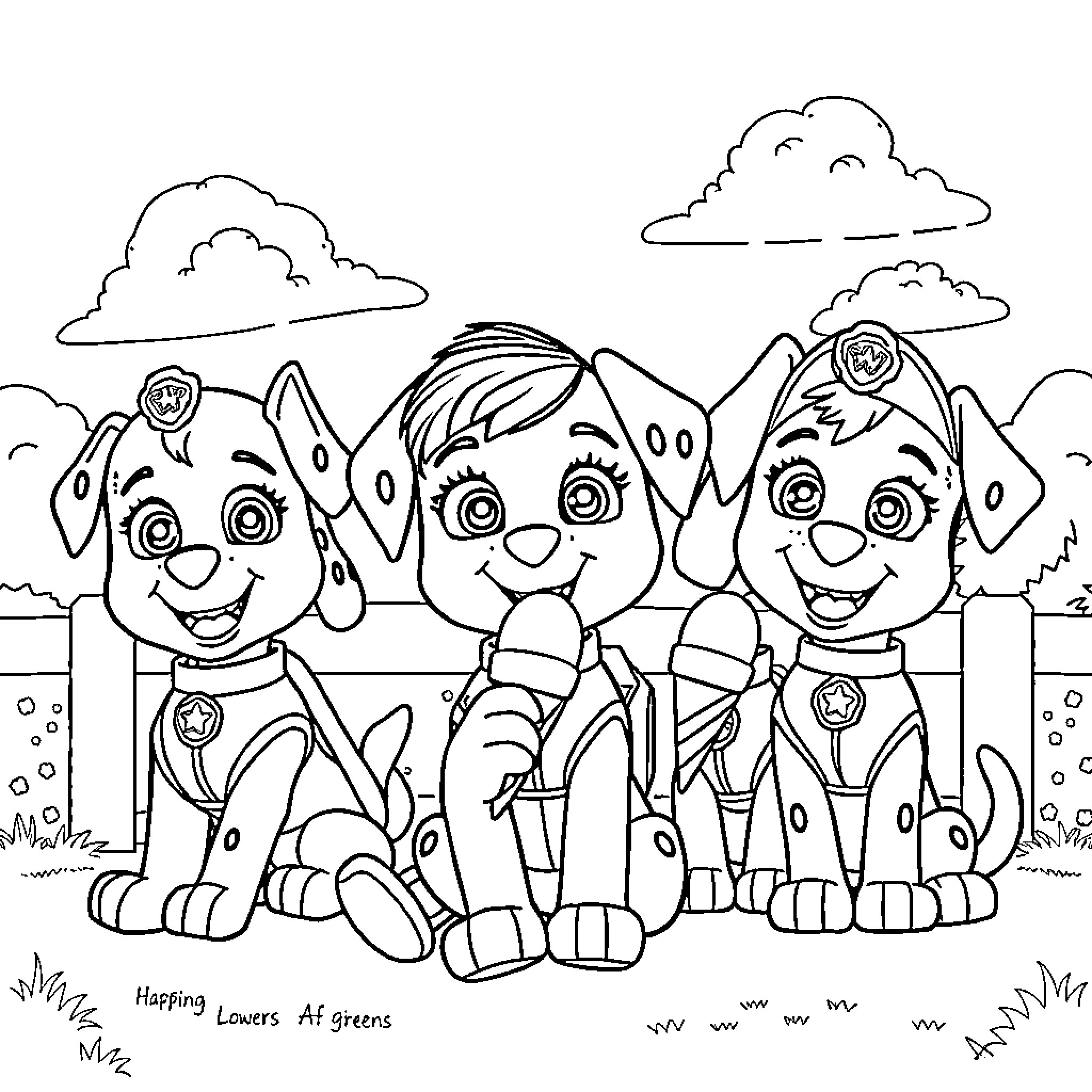 Sky pups sitting together and enjoying ice cream treats Coloring Page (free black-and-white line drawing printable PDF for all, from beginners to advanced learners, including children, teens, adults, and seniors)